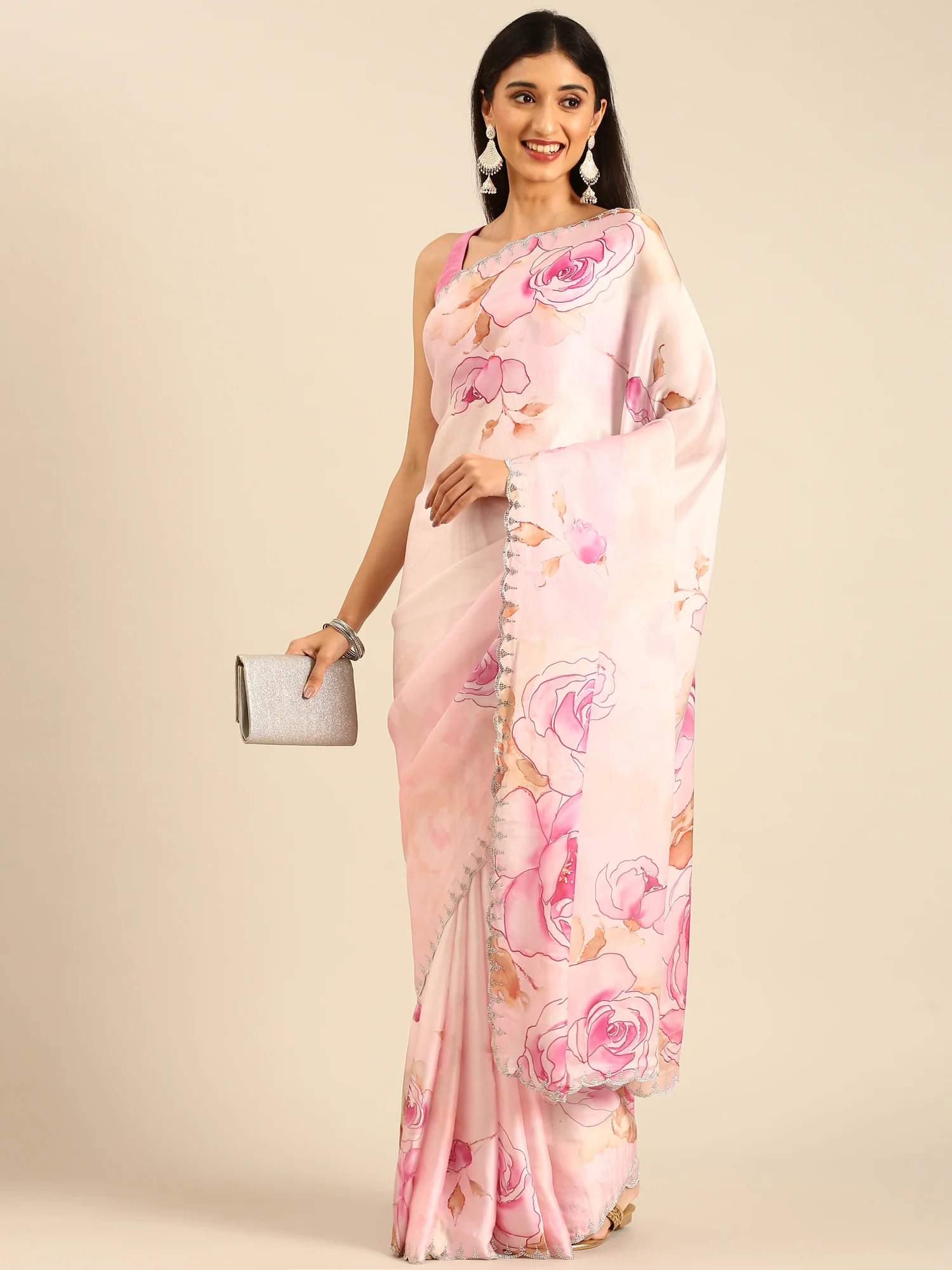 Pink satin floral printed saree with Swarovski embroidery - Image 4