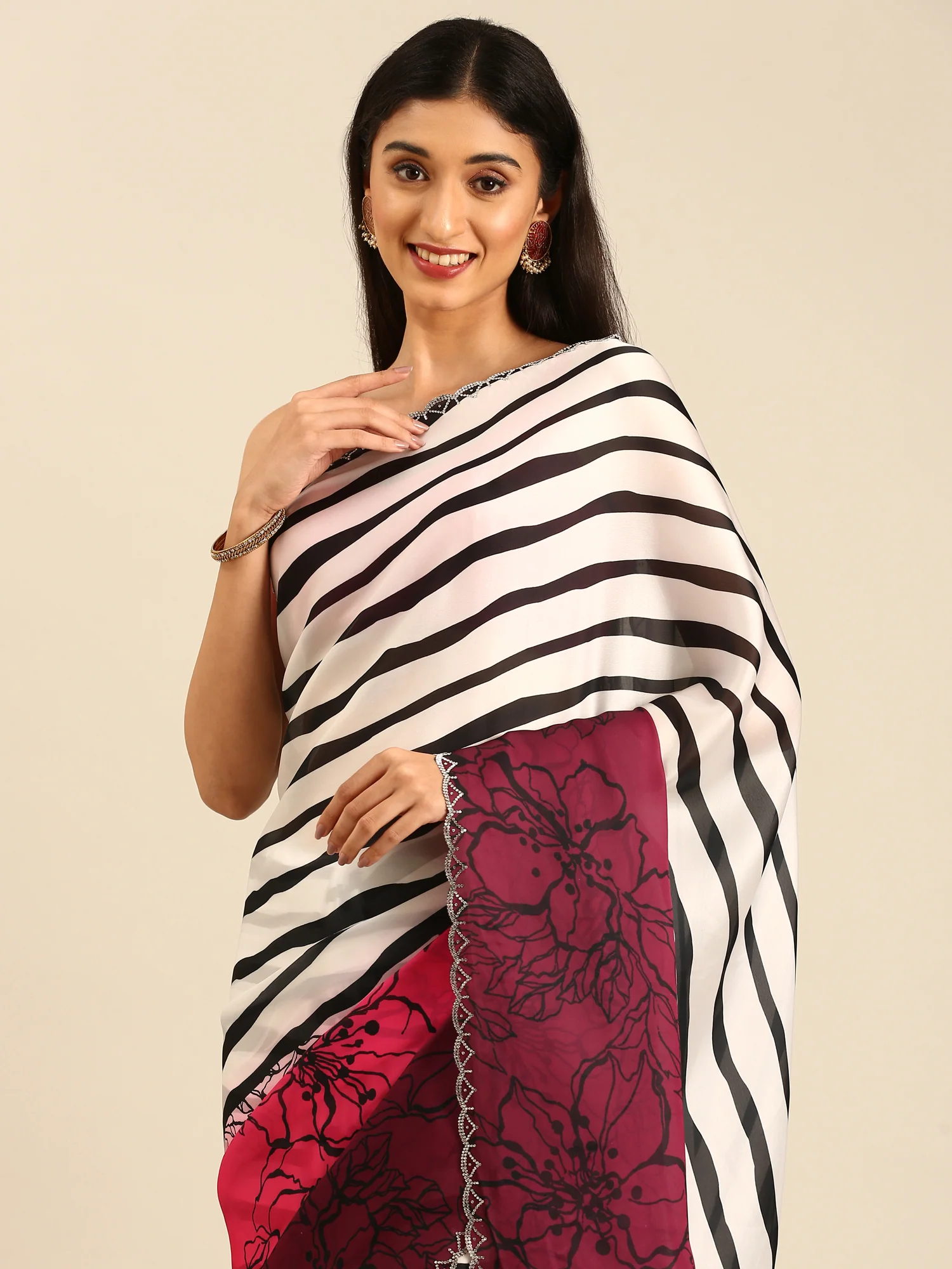 Pink Satin printed saree with Swarovski embroidery - Image 3