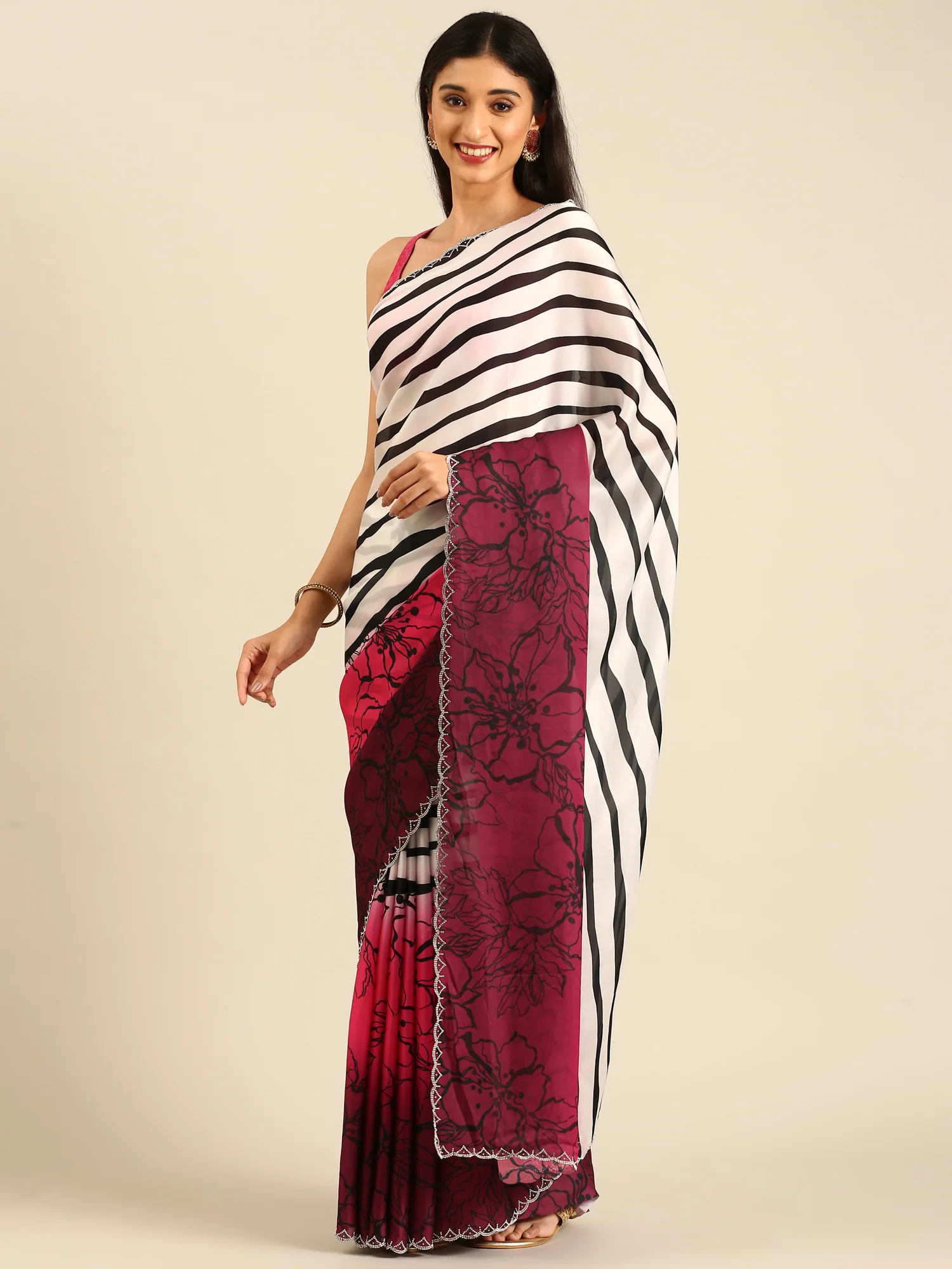 Pink Satin printed saree with Swarovski embroidery - Image 4