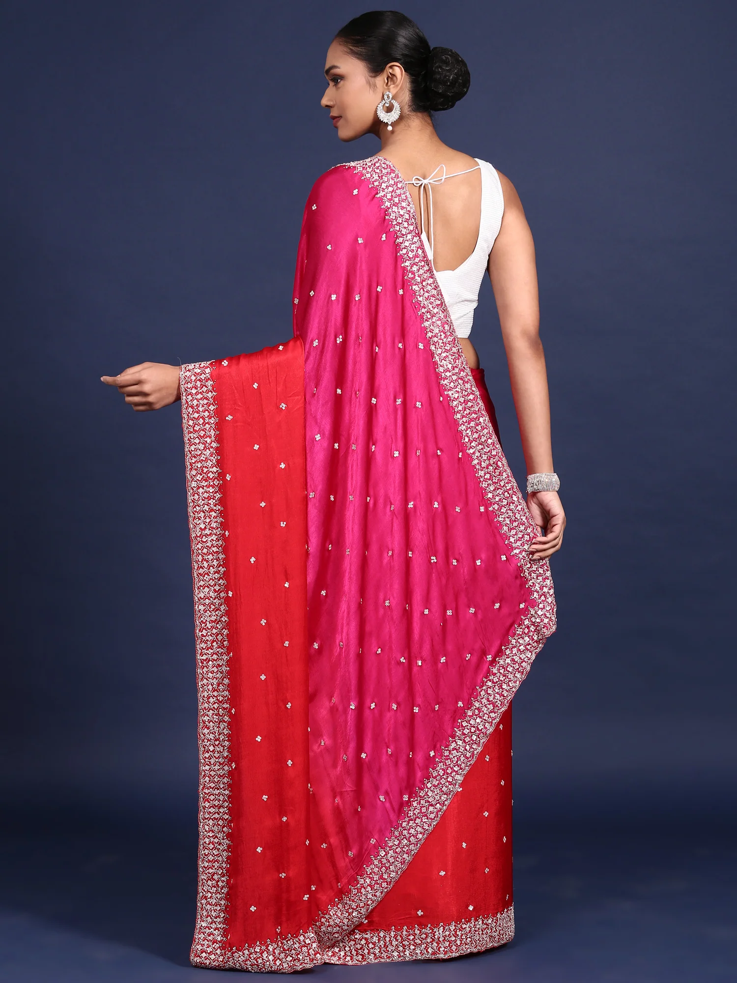 Pink Satin Stone And Thread Embroidery Saree - Image 3