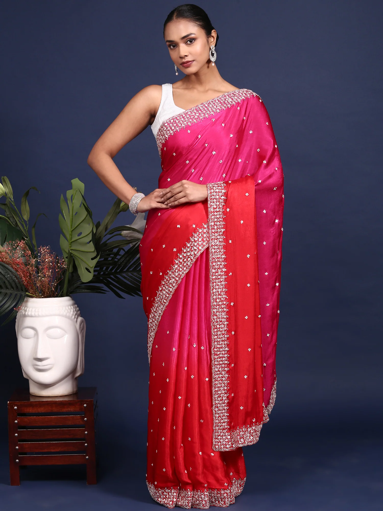 Pink Satin Stone And Thread Embroidery Saree - Image 4