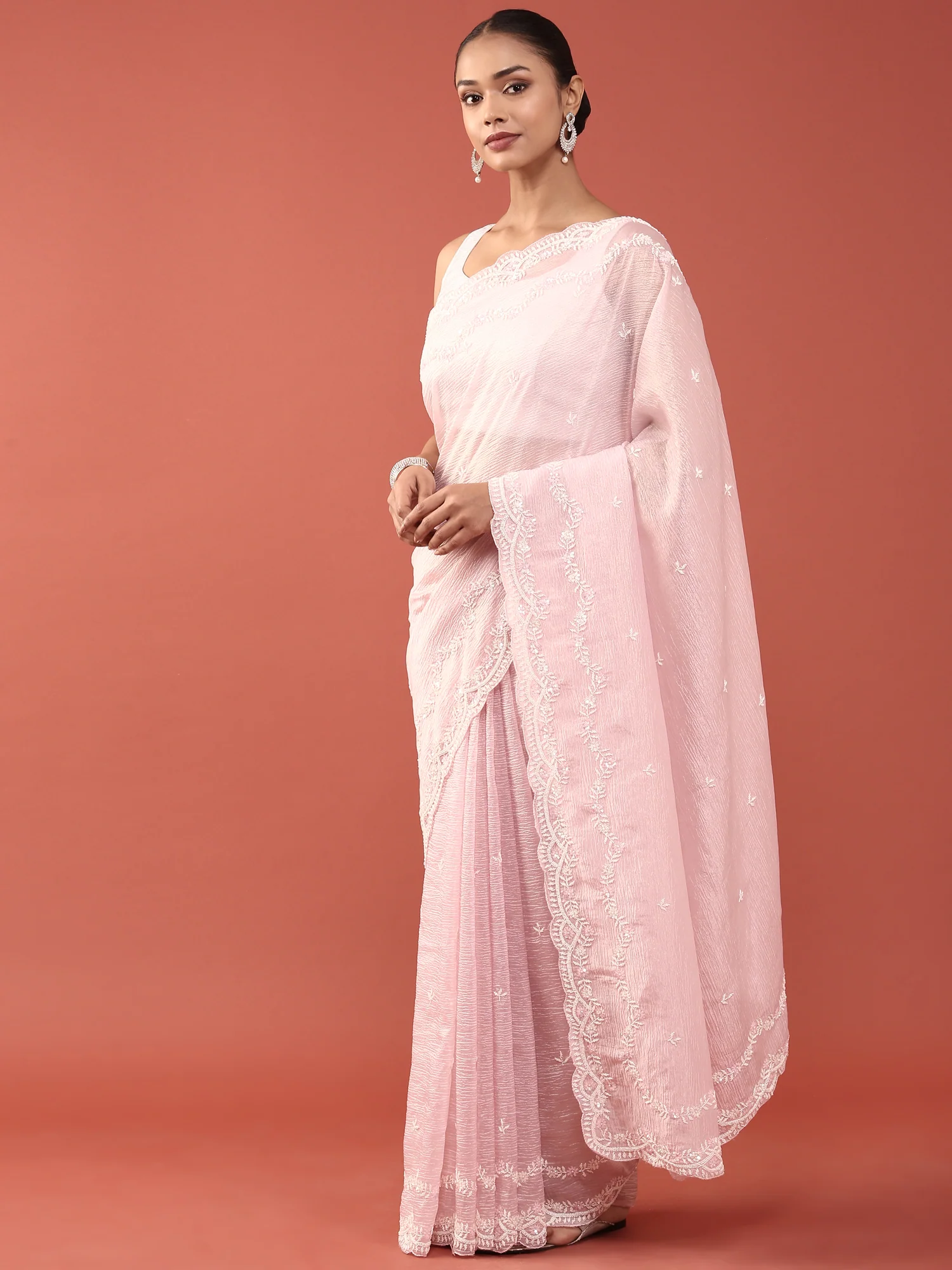 Pink Shimmer Embroidery Saree - Image 4