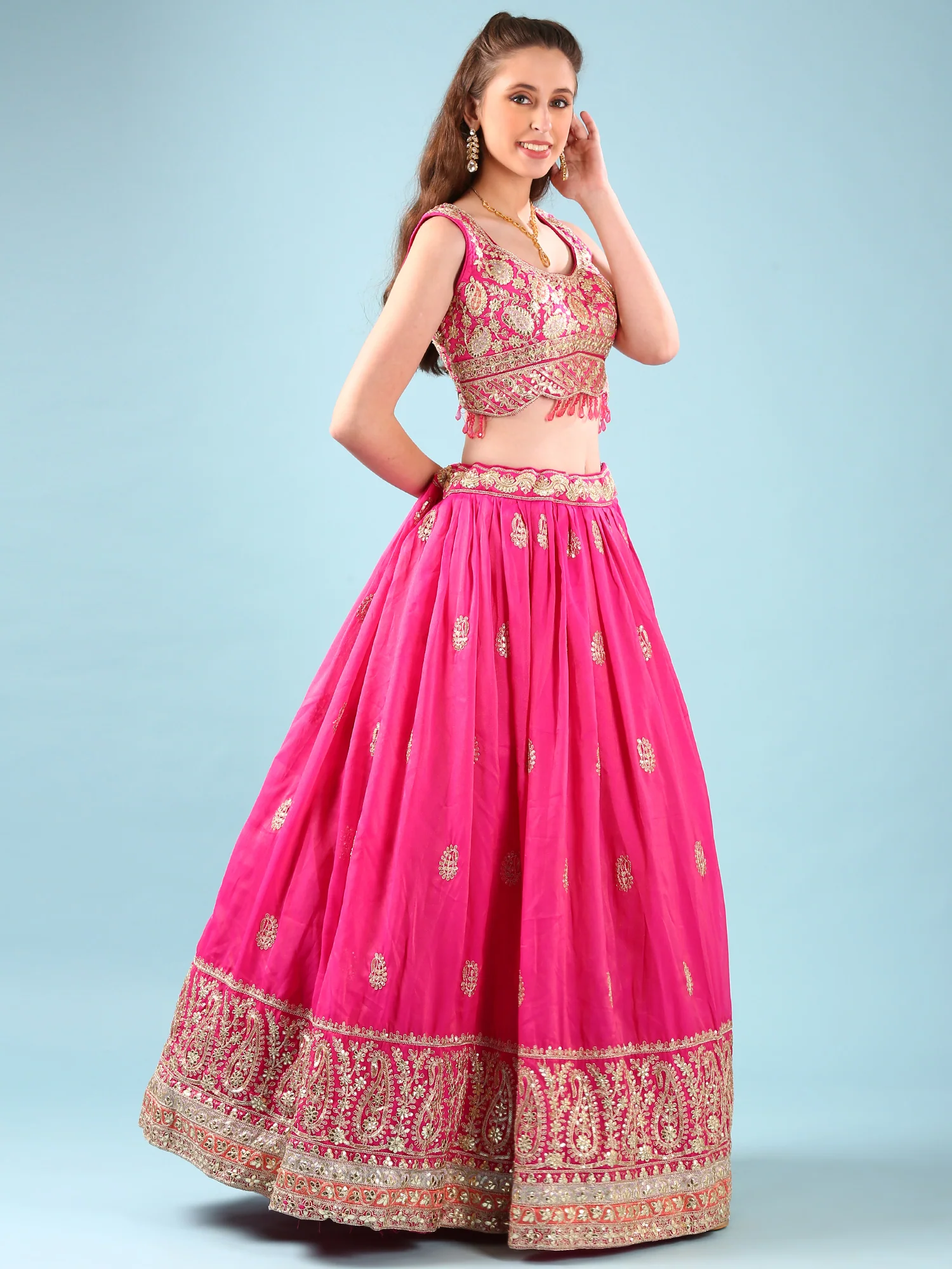 Pink Silk Hand Embroidery Ghagra Set - Image 2