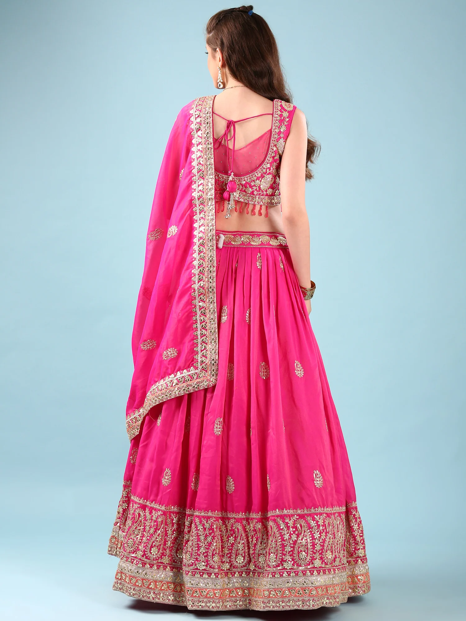 Pink Silk Hand Embroidery Ghagra Set - Image 3