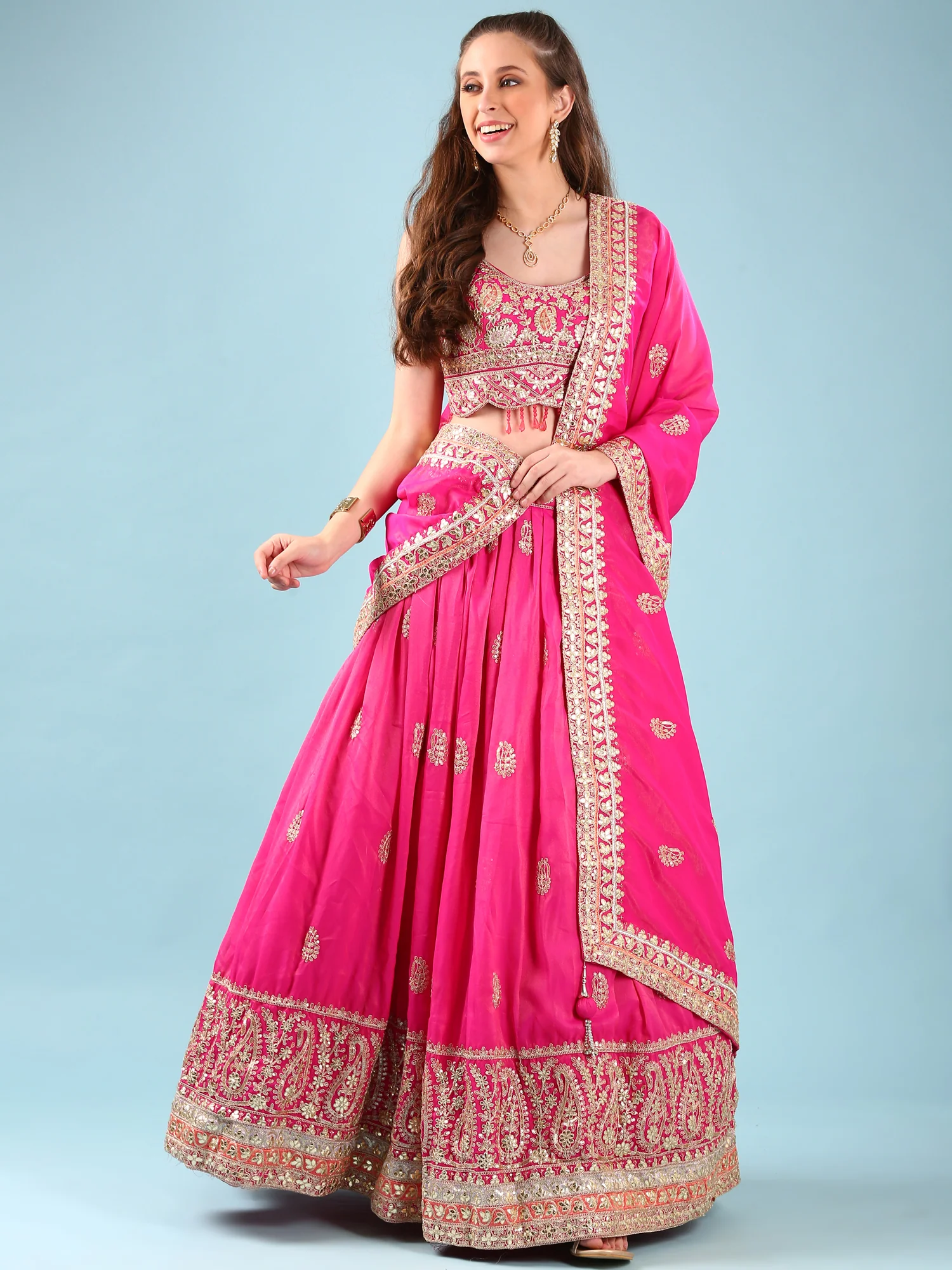 Pink Silk Hand Embroidery Ghagra Set - Image 5