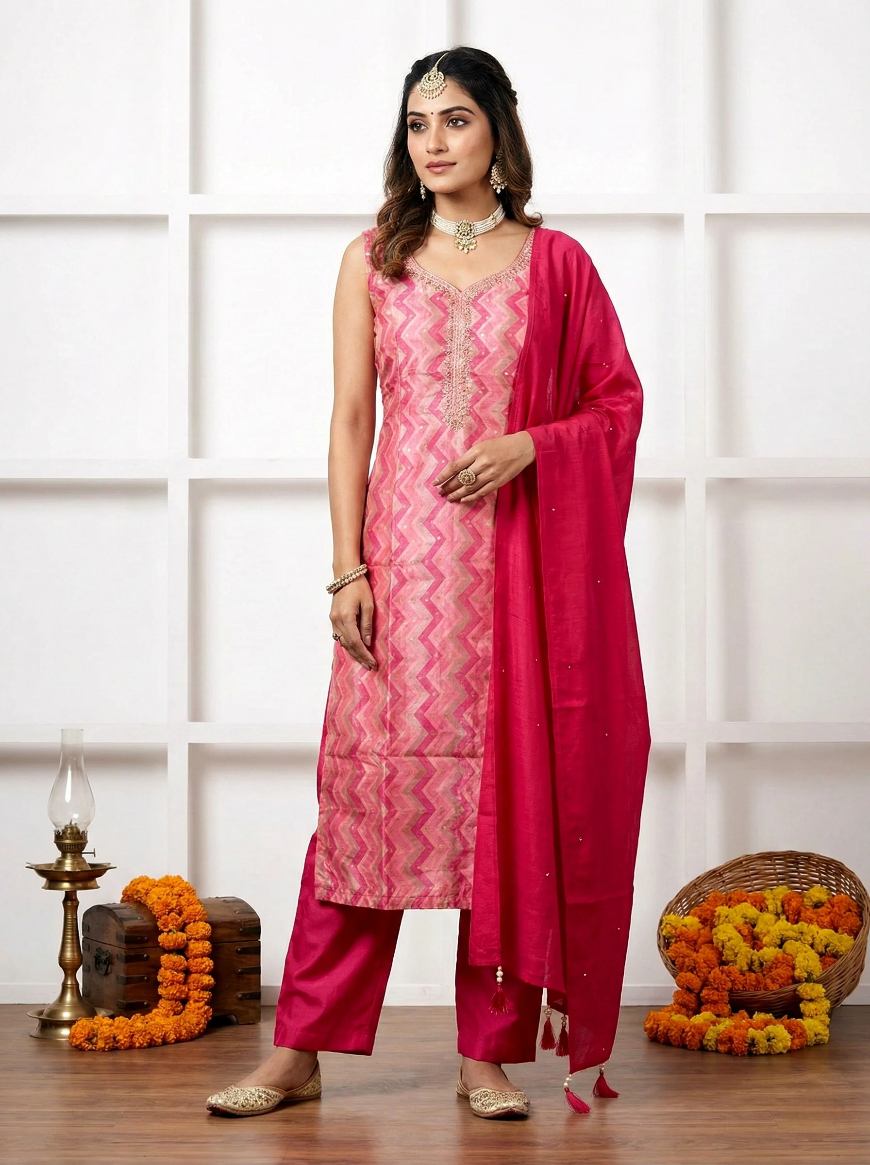 Pink Silk Hand Embroidery Three Piece Set
