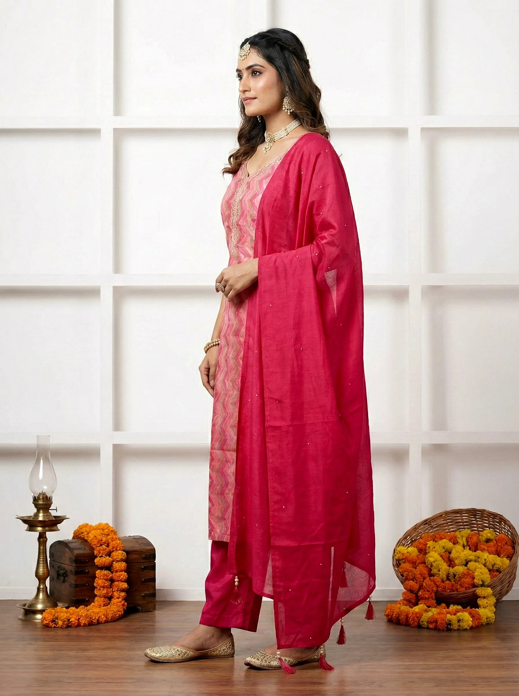 Pink Silk Hand Embroidery Three Piece Set - Image 2
