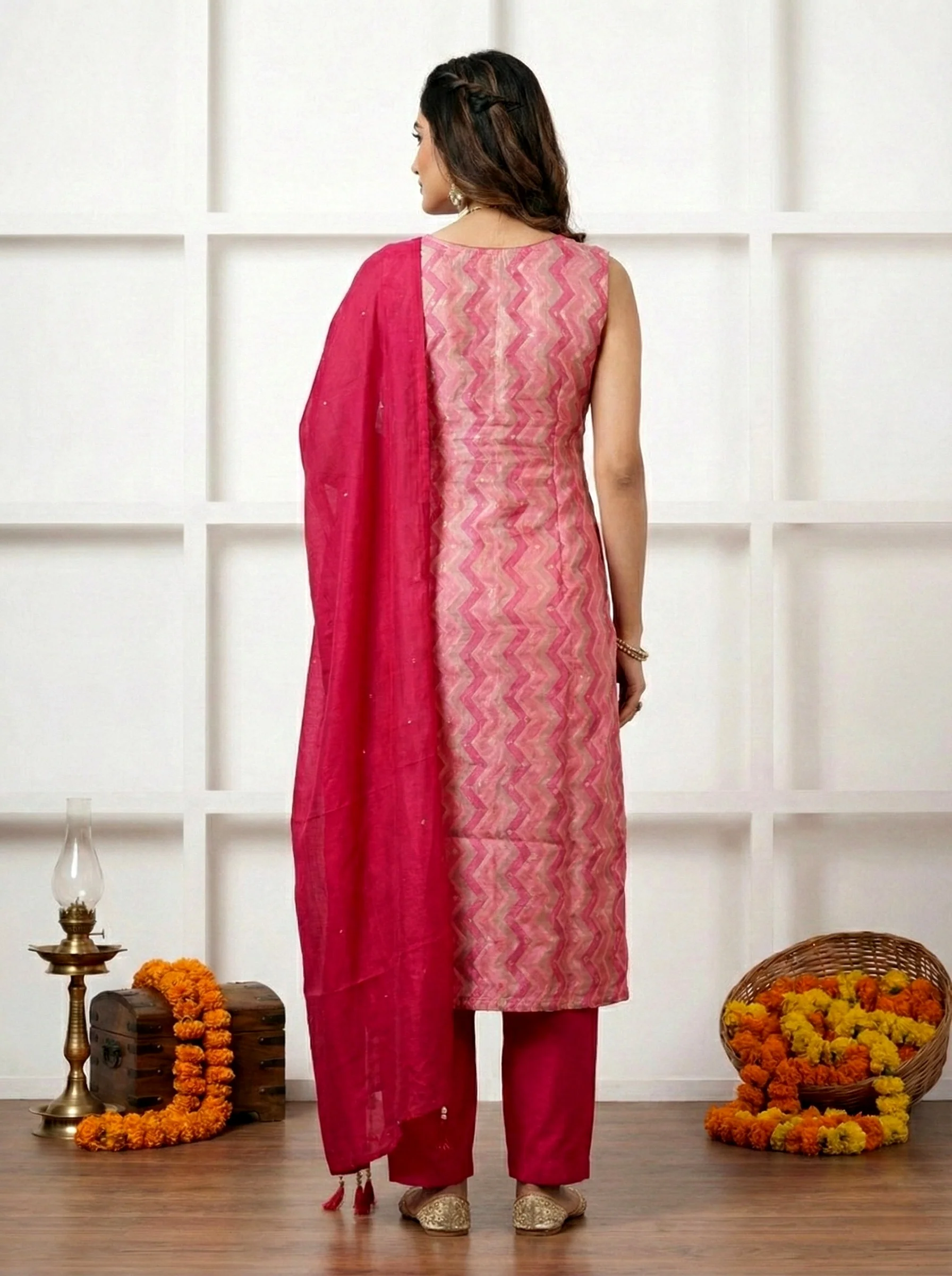 Pink Silk Hand Embroidery Three Piece Set - Image 3