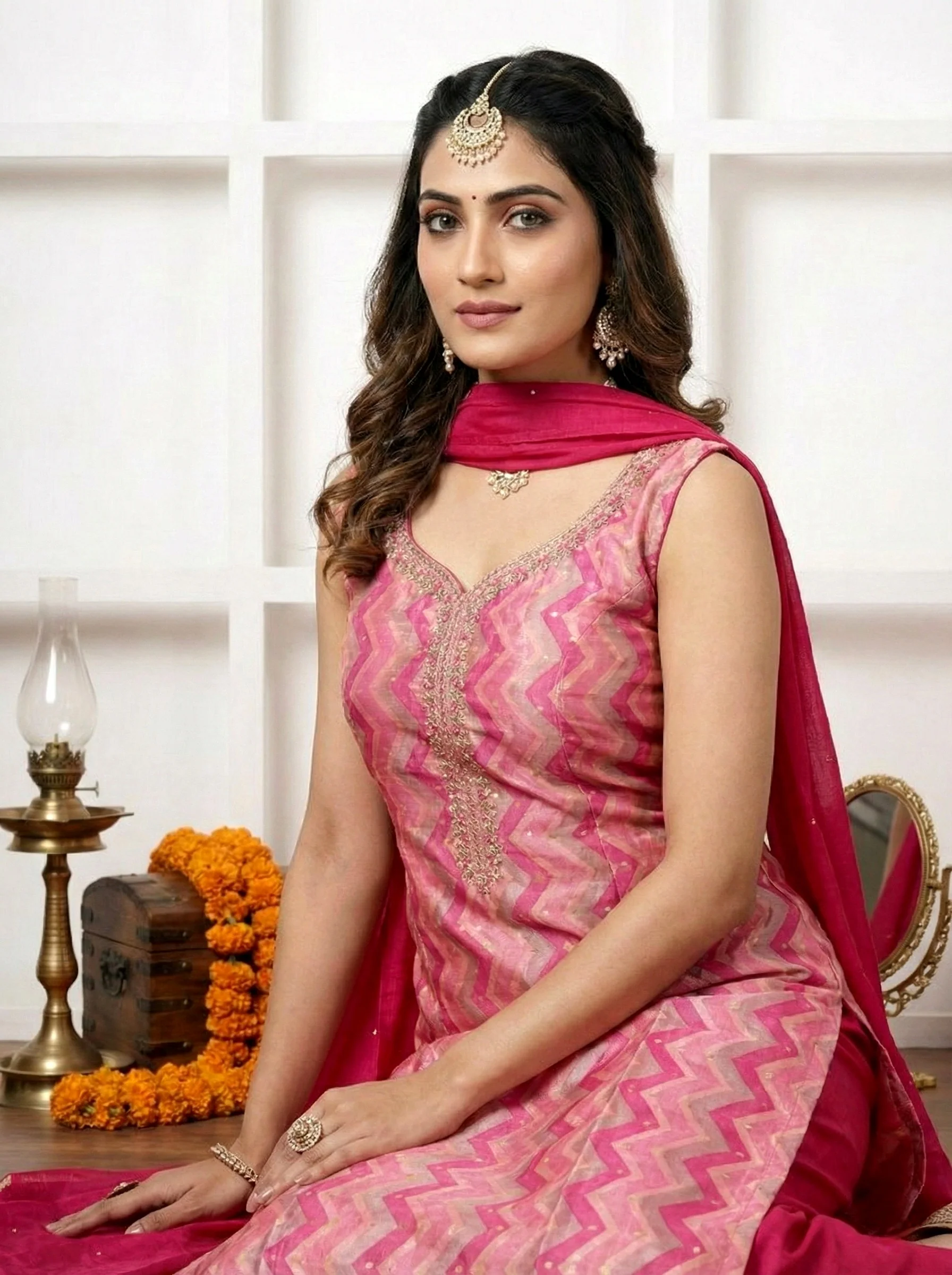 Pink Silk Hand Embroidery Three Piece Set - Image 4
