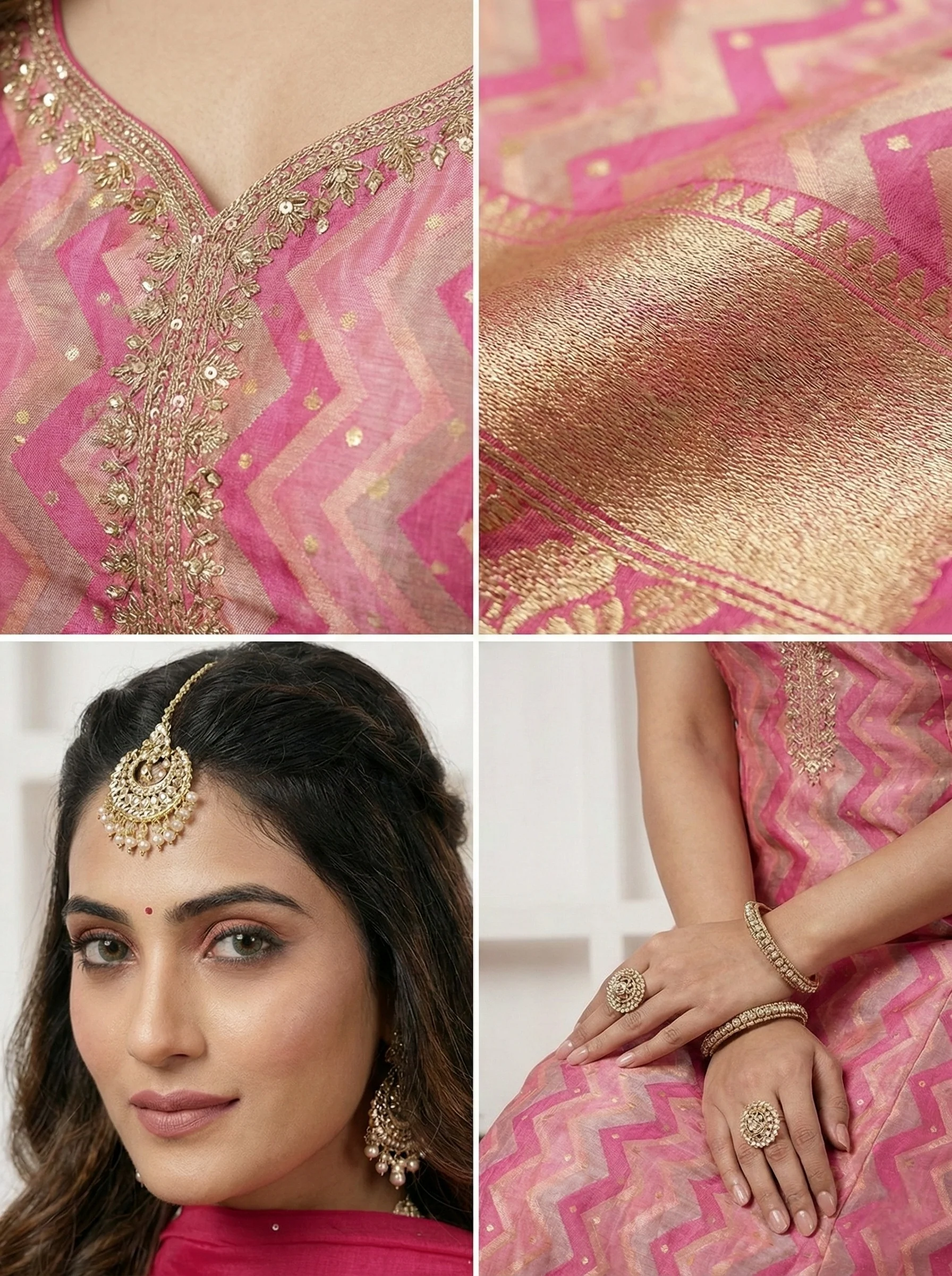 Pink Silk Hand Embroidery Three Piece Set - Image 5