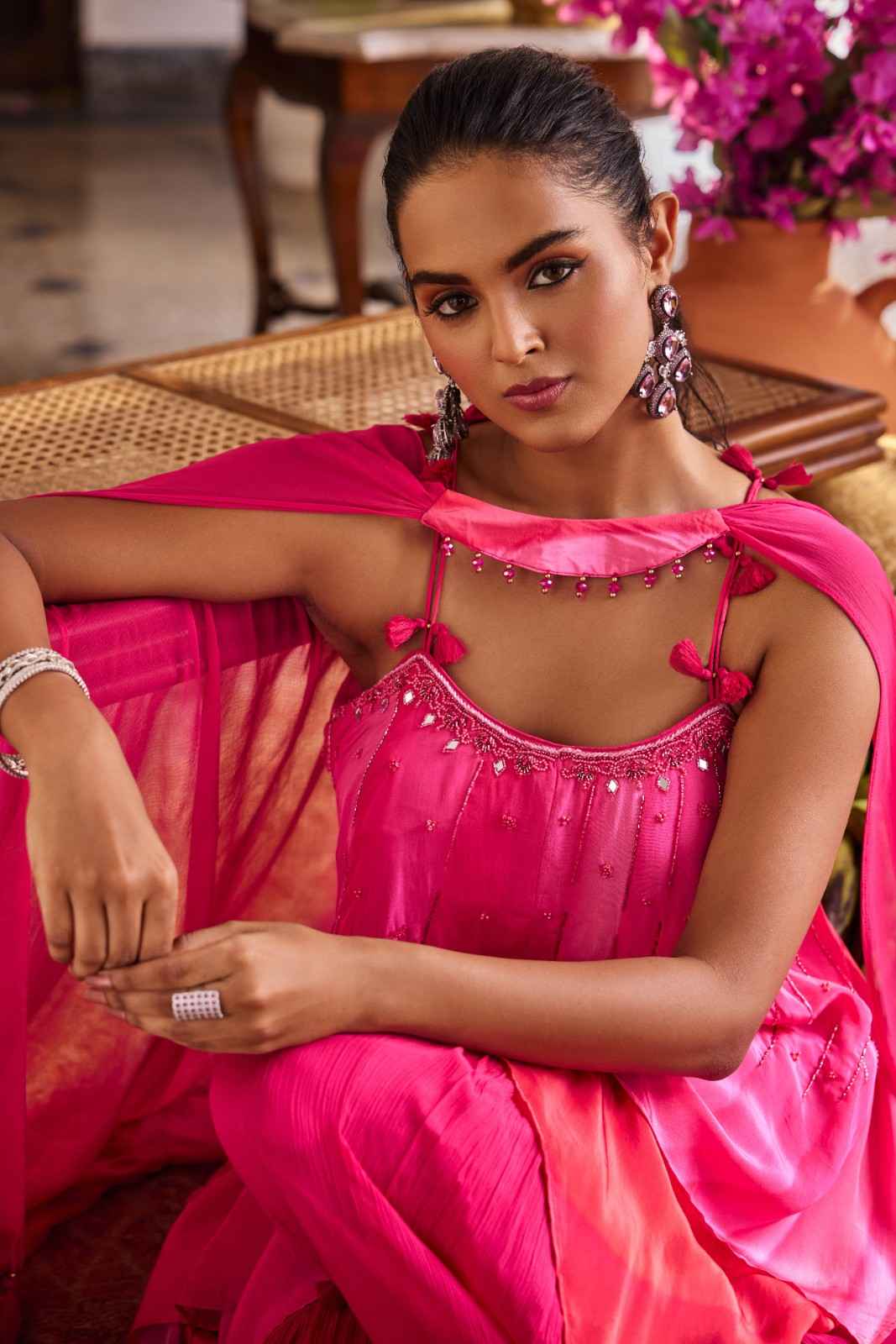 Pink Silk Printed Peplum Set With Palazoo - Image 3