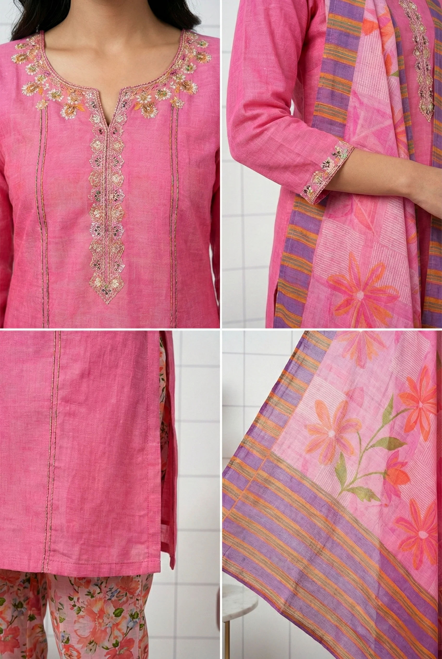 Pink Silk Printed Three Piece Set - Image 3