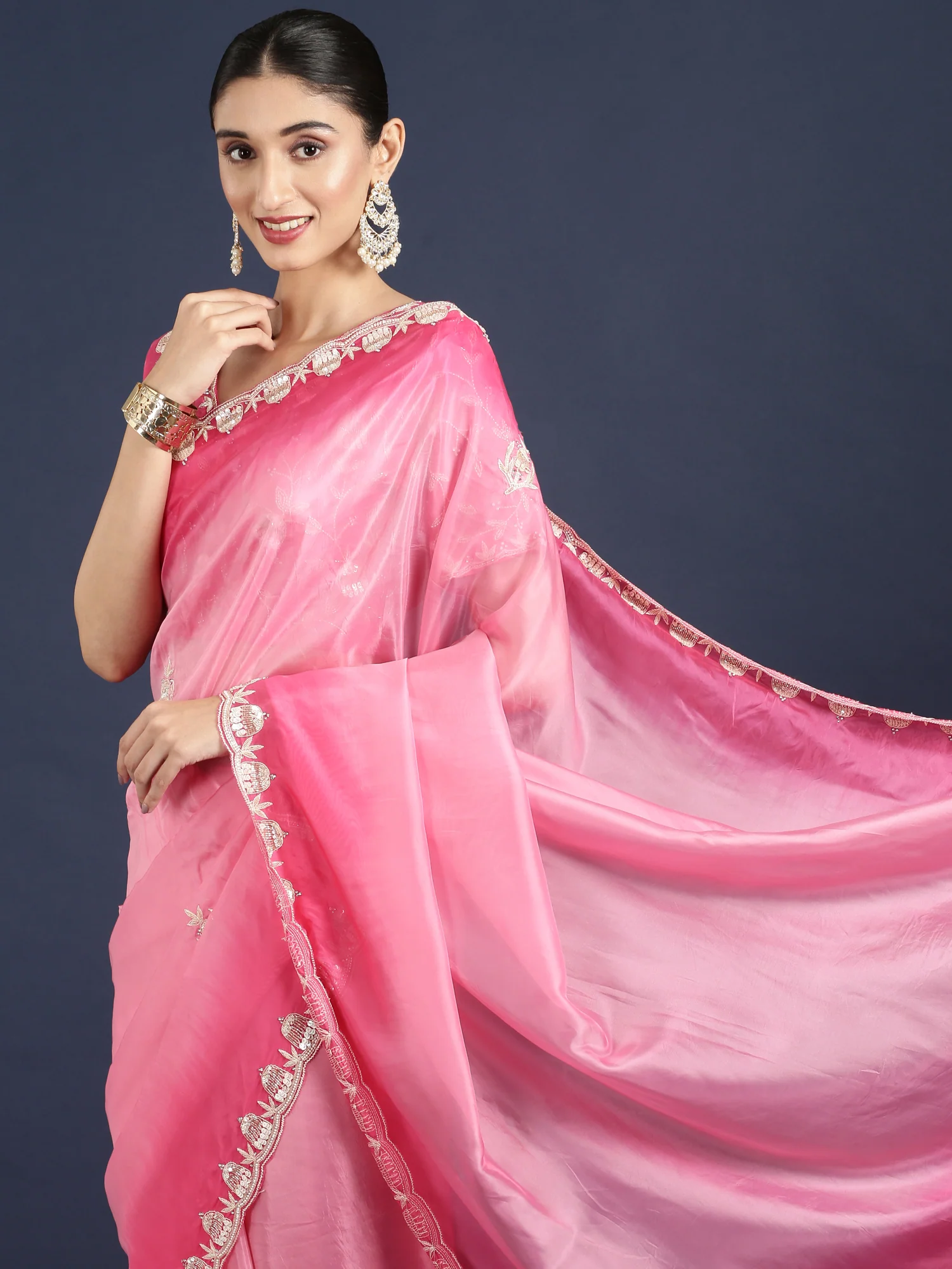 Pink Silk Saree With Stone Work Readymade Blouse - Image 4