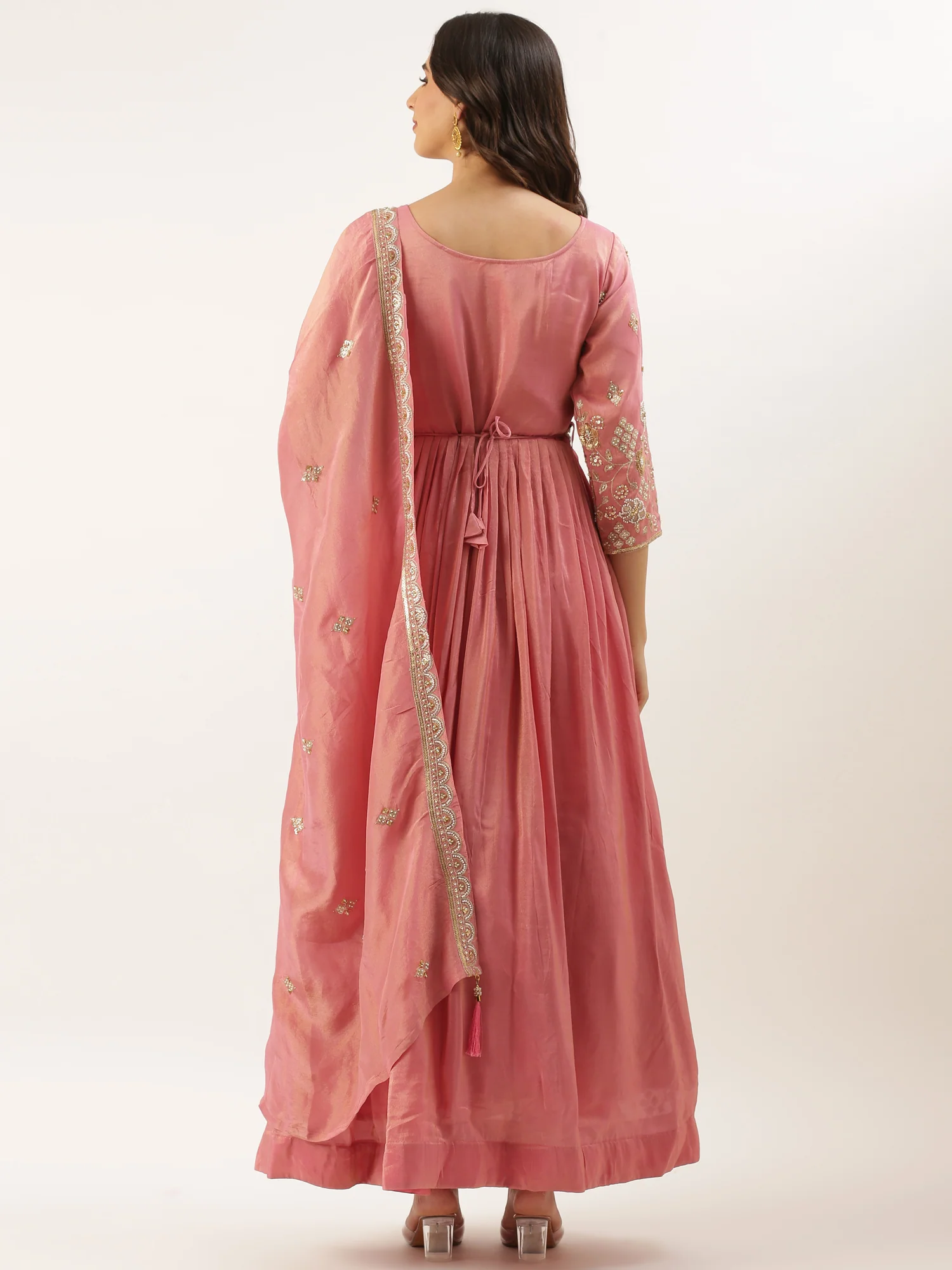 Pink Tissue Embroidered Long Kali - Image 3
