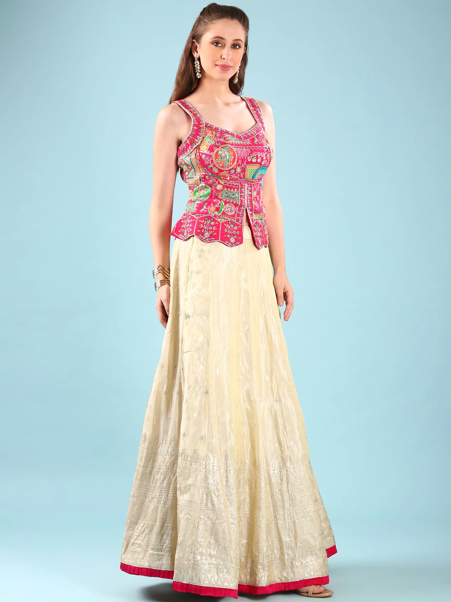 Pink Tissue Hand Embroidery Ghagra Set - Image 2