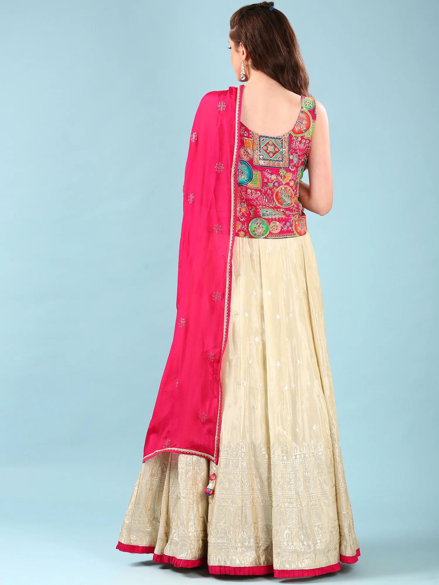 Pink Tissue Hand Embroidery Ghagra Set - Image 3