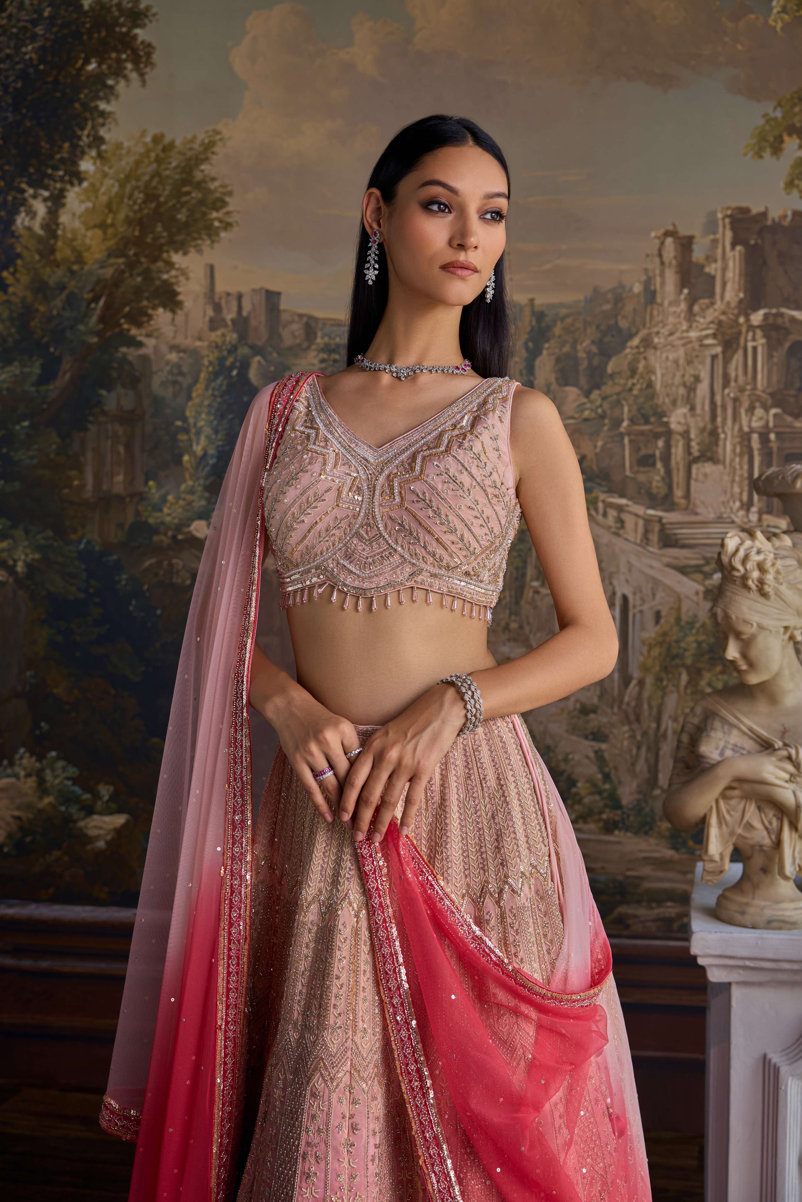 Pink Tissue Heavy Stone Work Ghagra Set - Image 3