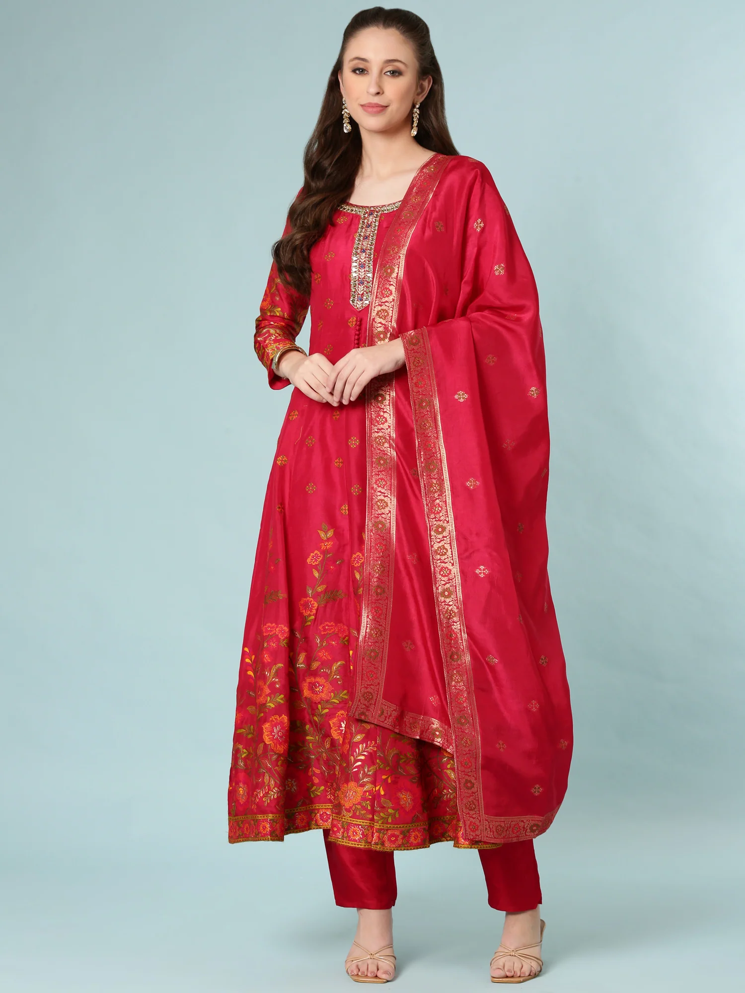 Pink Vichitra Silk Anarkali Set - Image 3