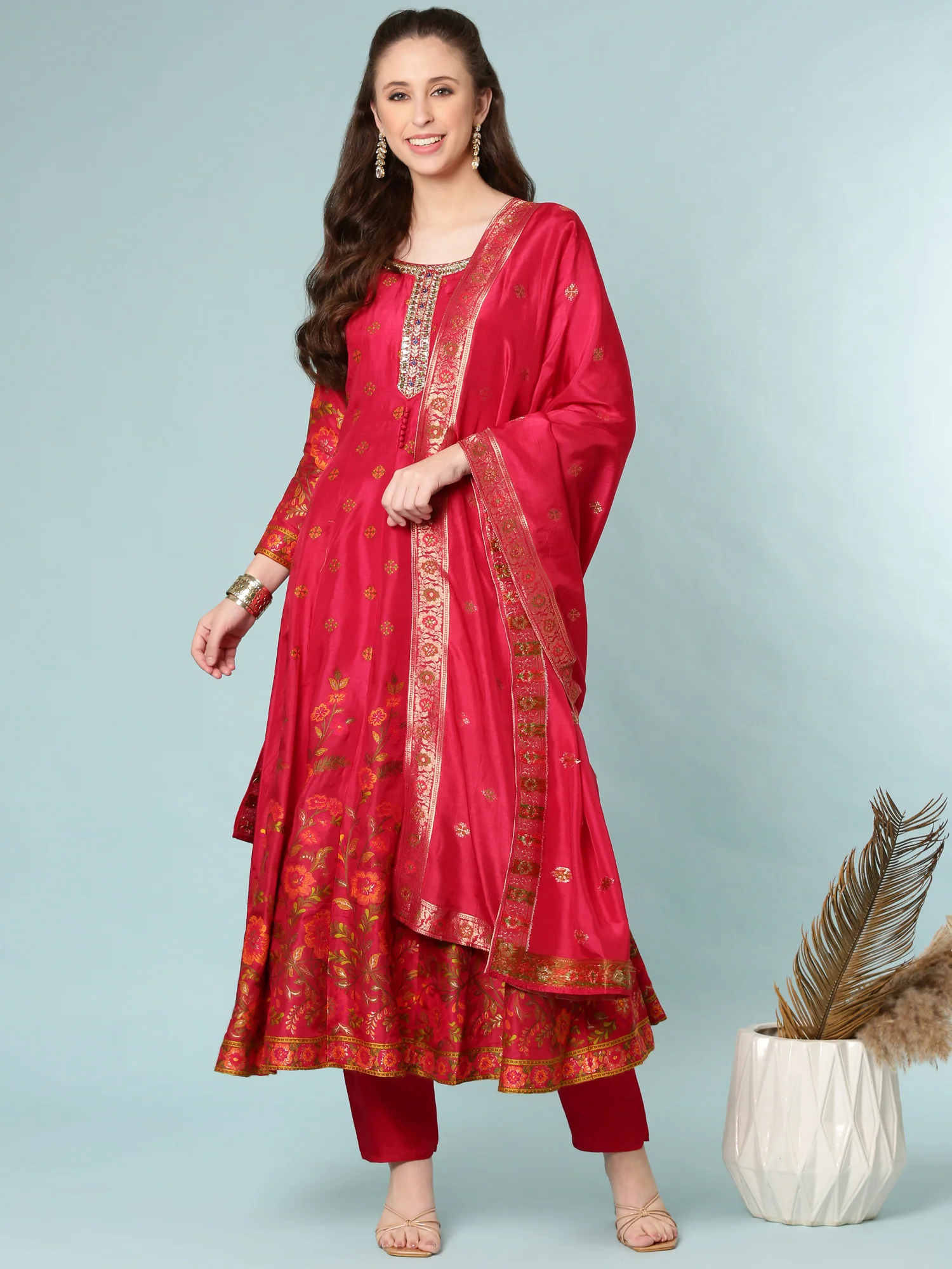 Pink Vichitra Silk Anarkali Set - Image 5