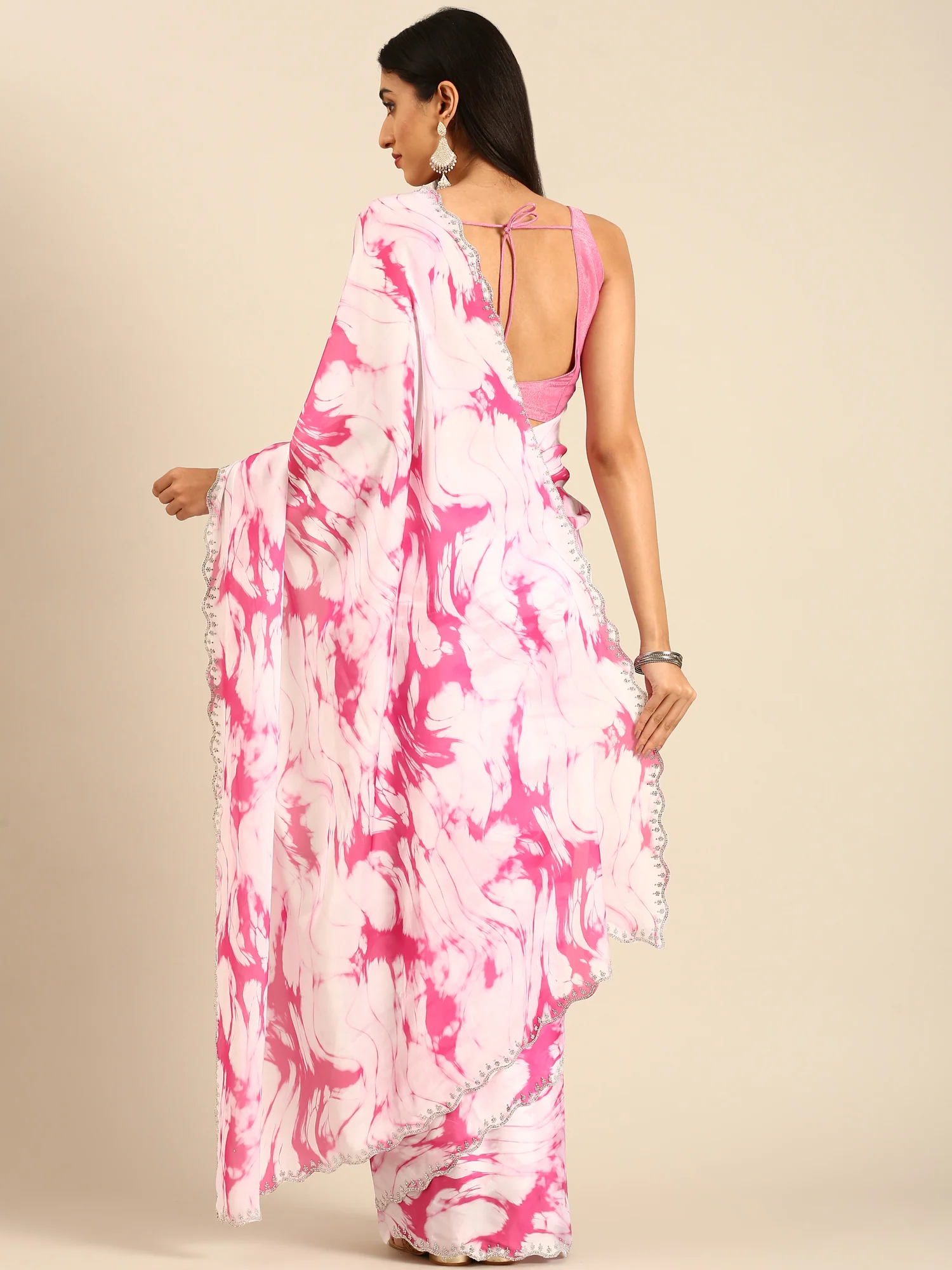 Pink & white printed satin saree with Swarovski embroidery - Image 2