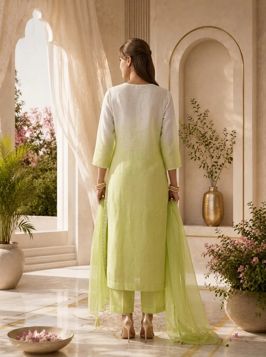 Pista And Cream Floral Thread Embroidery Linen Three Piece Set - Image 2
