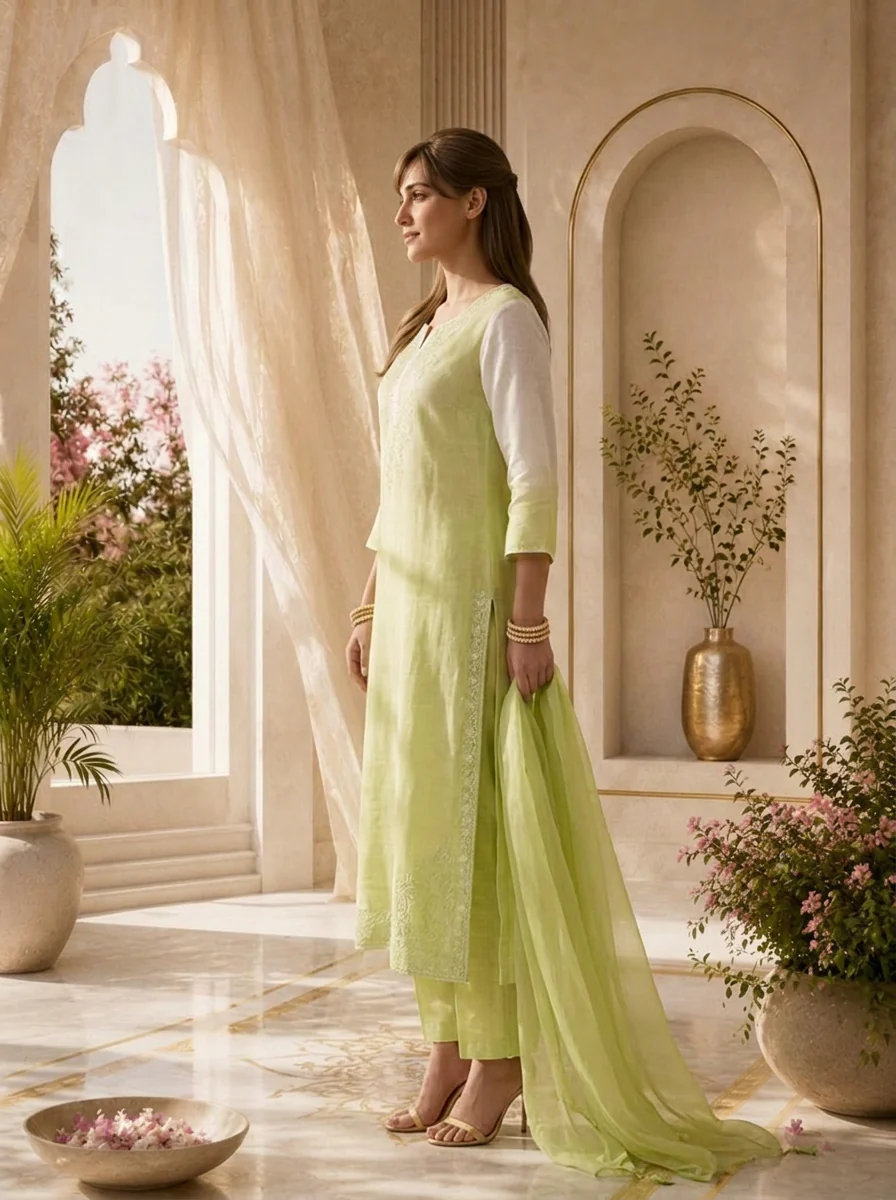 Pista And Cream Floral Thread Embroidery Linen Three Piece Set - Image 3