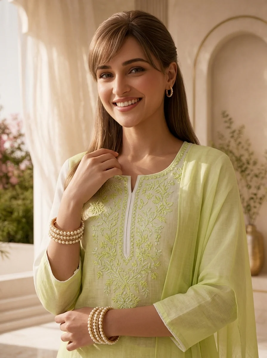 Pista And Cream Floral Thread Embroidery Linen Three Piece Set - Image 4