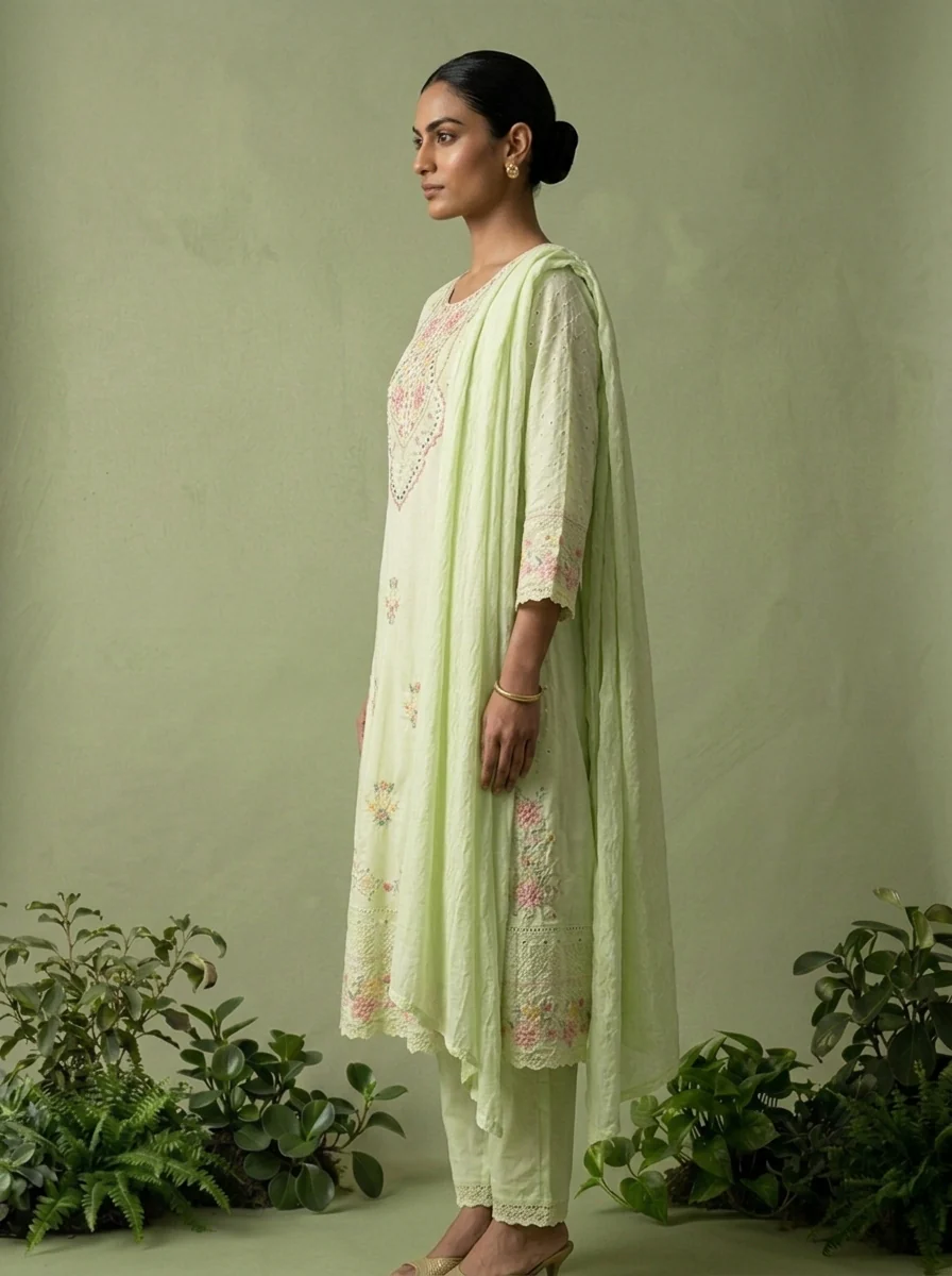 Pista Cotton Floral Thread Embroidered Three Piece Set - Image 3