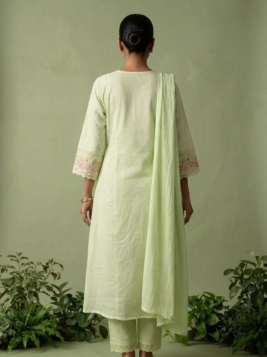 Pista Cotton Floral Thread Embroidered Three Piece Set - Image 4