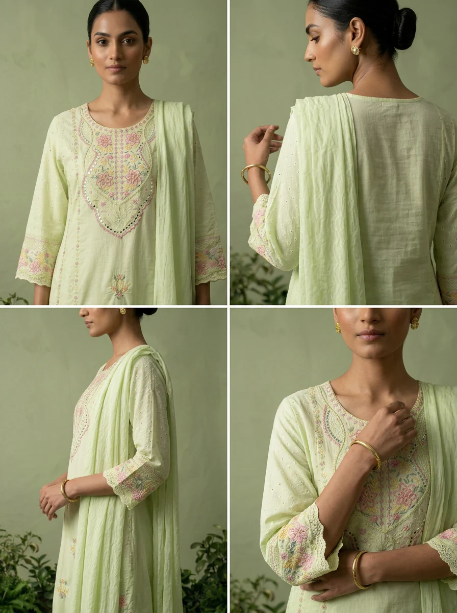 Pista Cotton Floral Thread Embroidered Three Piece Set - Image 5