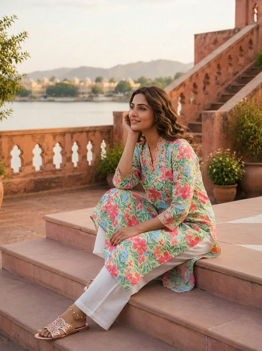 Pista Cotton Multicolor Hibiscus Printed Kurta - Image 2