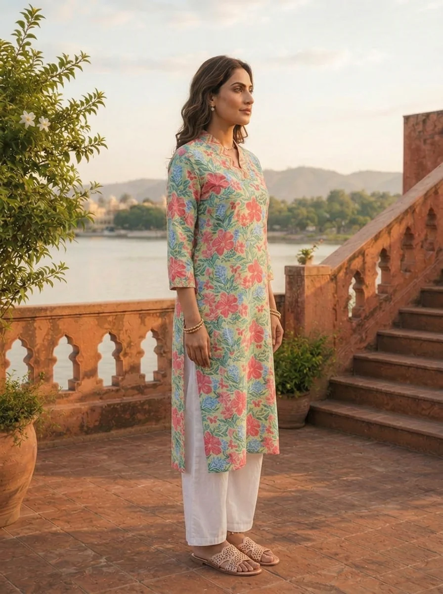 Pista Cotton Multicolor Hibiscus Printed Kurta - Image 4