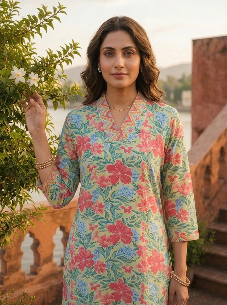 Pista Cotton Multicolor Hibiscus Printed Kurta - Image 5