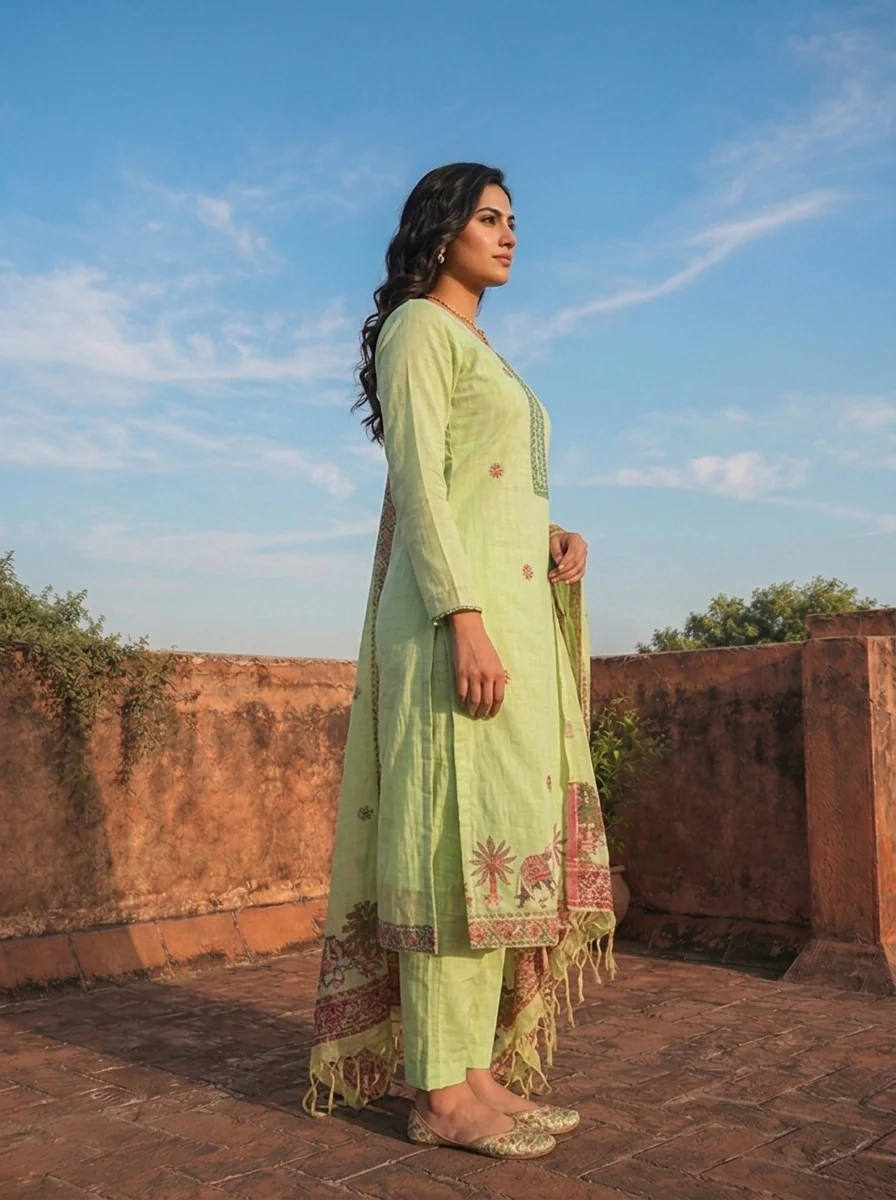 Pista Green Chanderi Silk Pichwai Motif Weaved Three Piece Set - Image 2