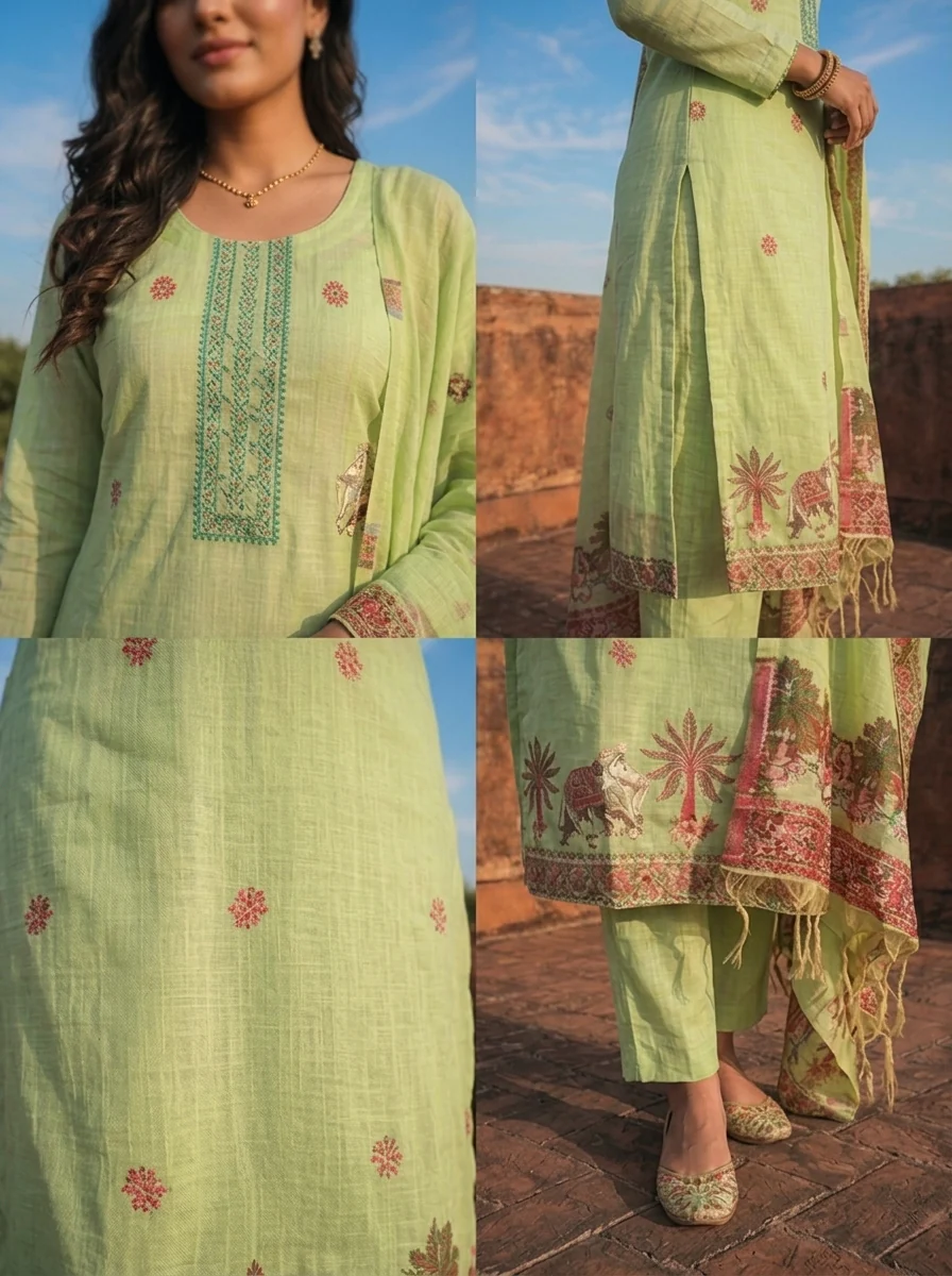 Pista Green Chanderi Silk Pichwai Motif Weaved Three Piece Set - Image 3