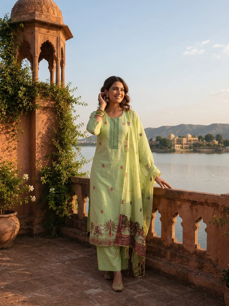 Pista Green Chanderi Silk Pichwai Motif Weaved Three Piece Set - Image 4