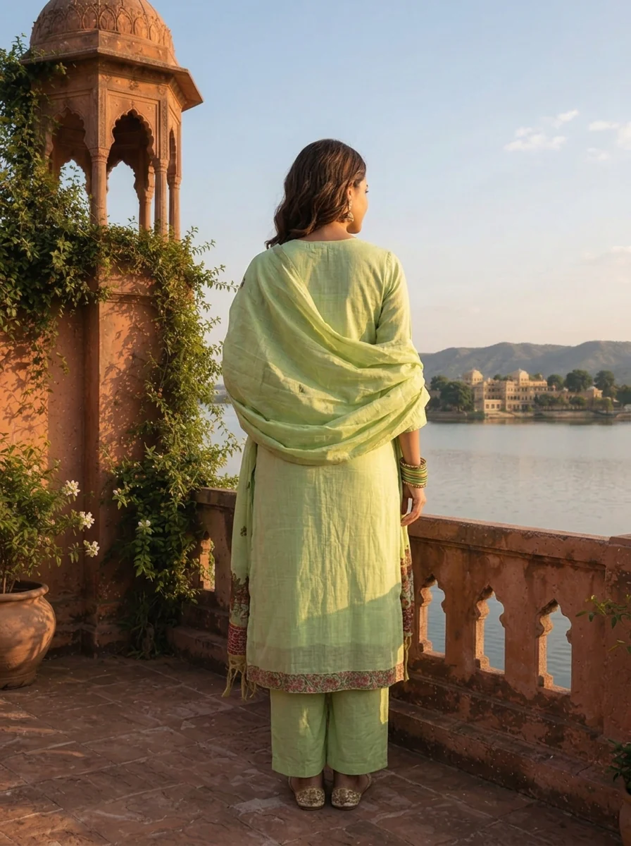 Pista Green Chanderi Silk Pichwai Motif Weaved Three Piece Set - Image 5