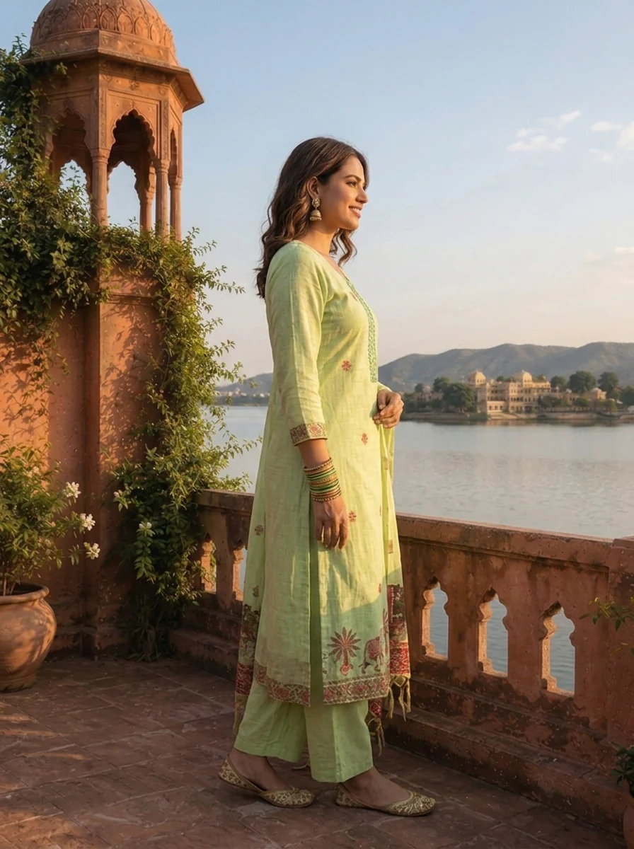 Pista Green Chanderi Silk Pichwai Motif Weaved Three Piece Set - Image 6