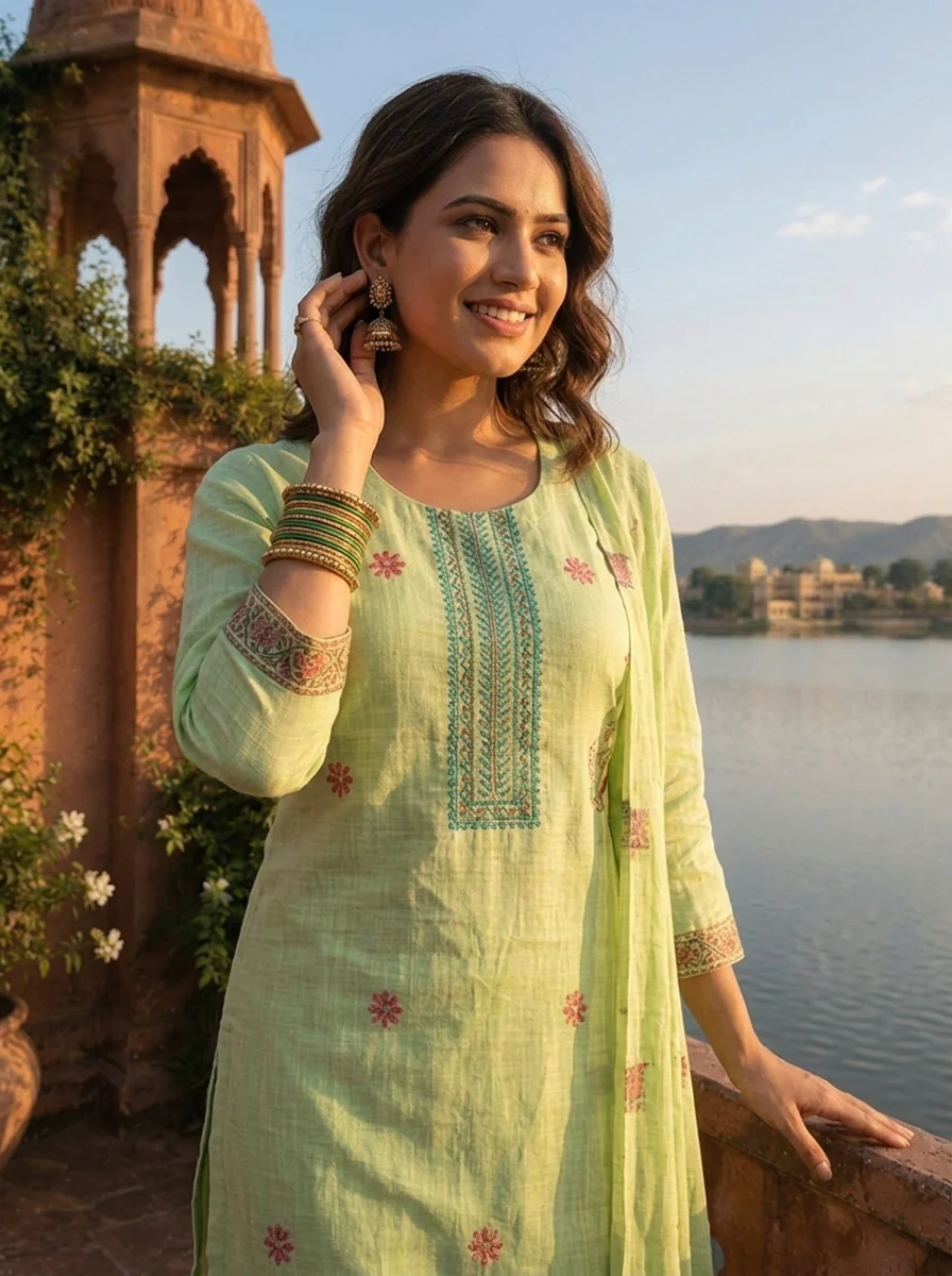 Pista Green Chanderi Silk Pichwai Motif Weaved Three Piece Set - Image 7