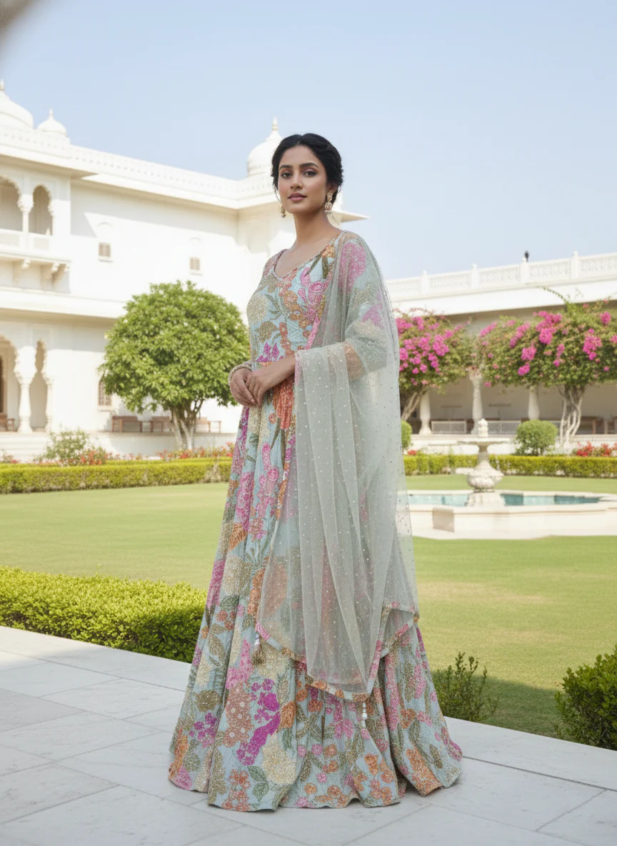 Pista Green Crepe Floral Heavy Stone Work Anarkali Set - Image 2