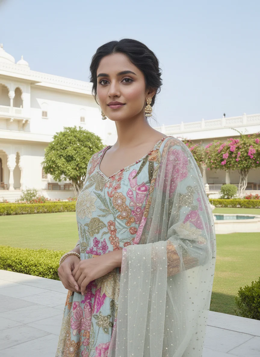 Pista Green Crepe Floral Heavy Stone Work Anarkali Set - Image 3