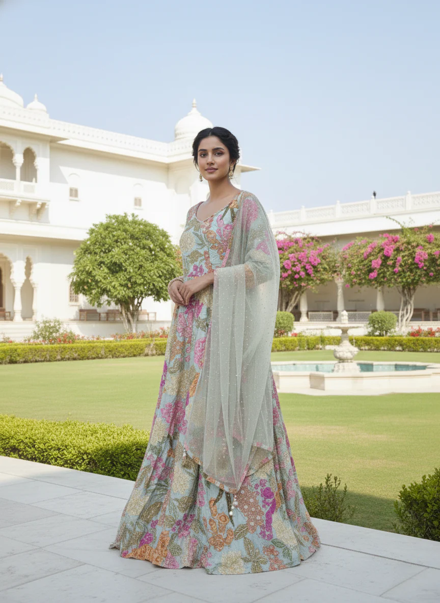 Pista Green Crepe Floral Heavy Stone Work Anarkali Set - Image 4