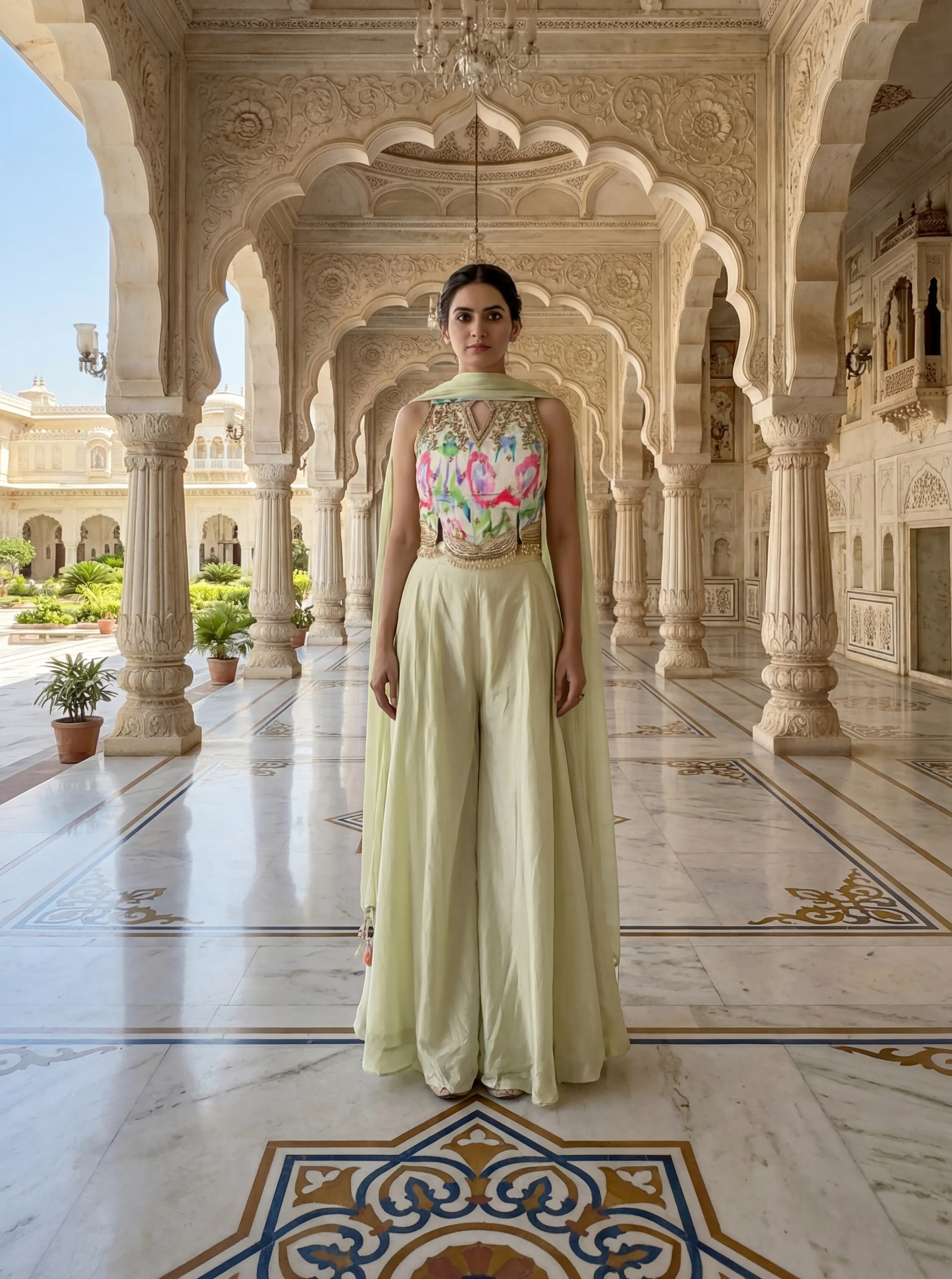 Pista Green Crepe Sequins Embroidered Top And Palazzo Set