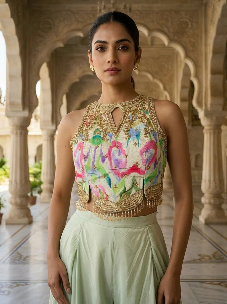Pista Green Crepe Sequins Embroidered Top And Palazzo Set - Image 2