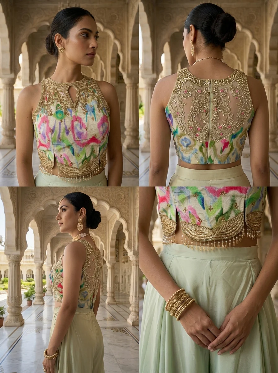 Pista Green Crepe Sequins Embroidered Top And Palazzo Set - Image 3