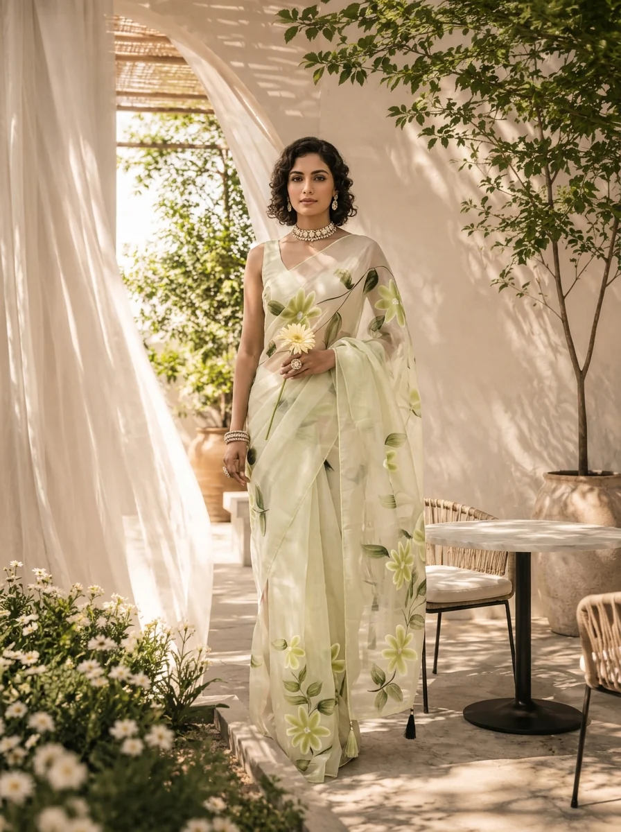 Pista Green Floral Printed Silk Saree
