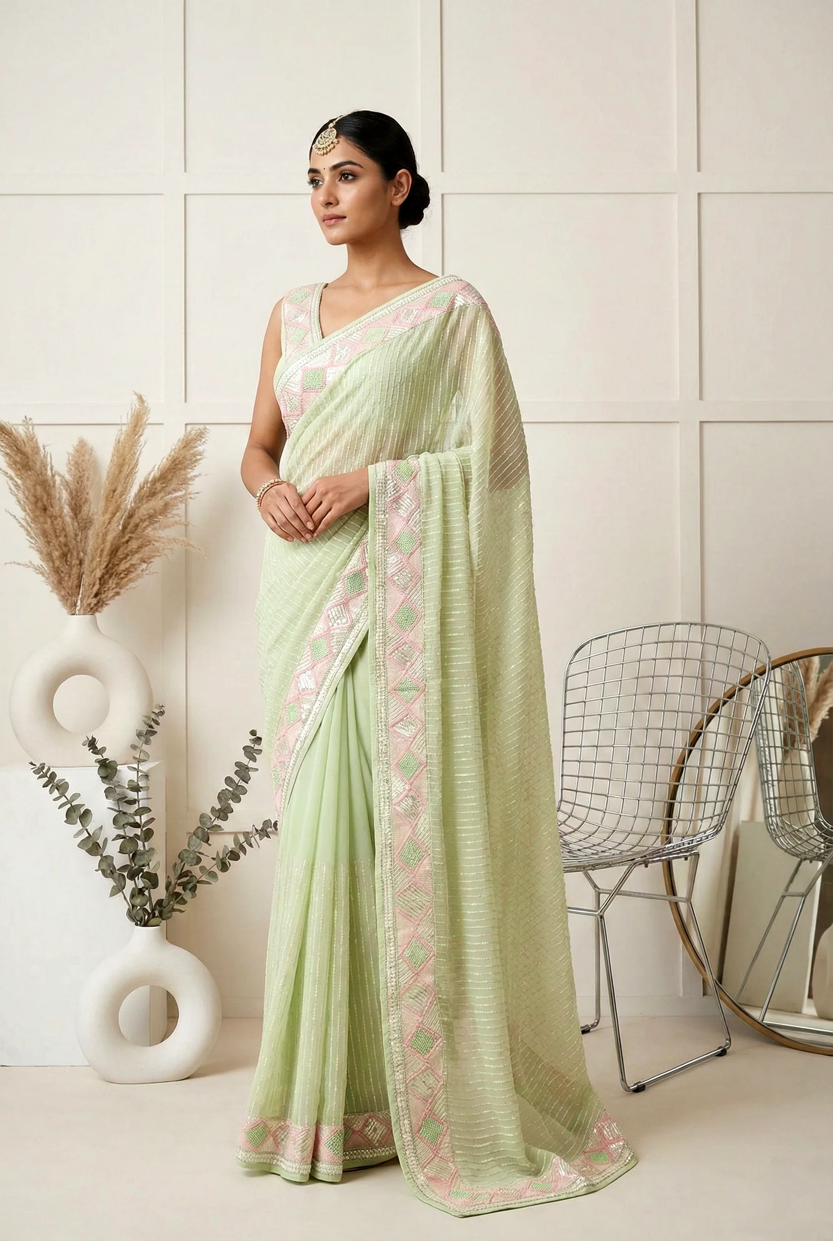Pista Green Georgette Sequins Embroidery Saree