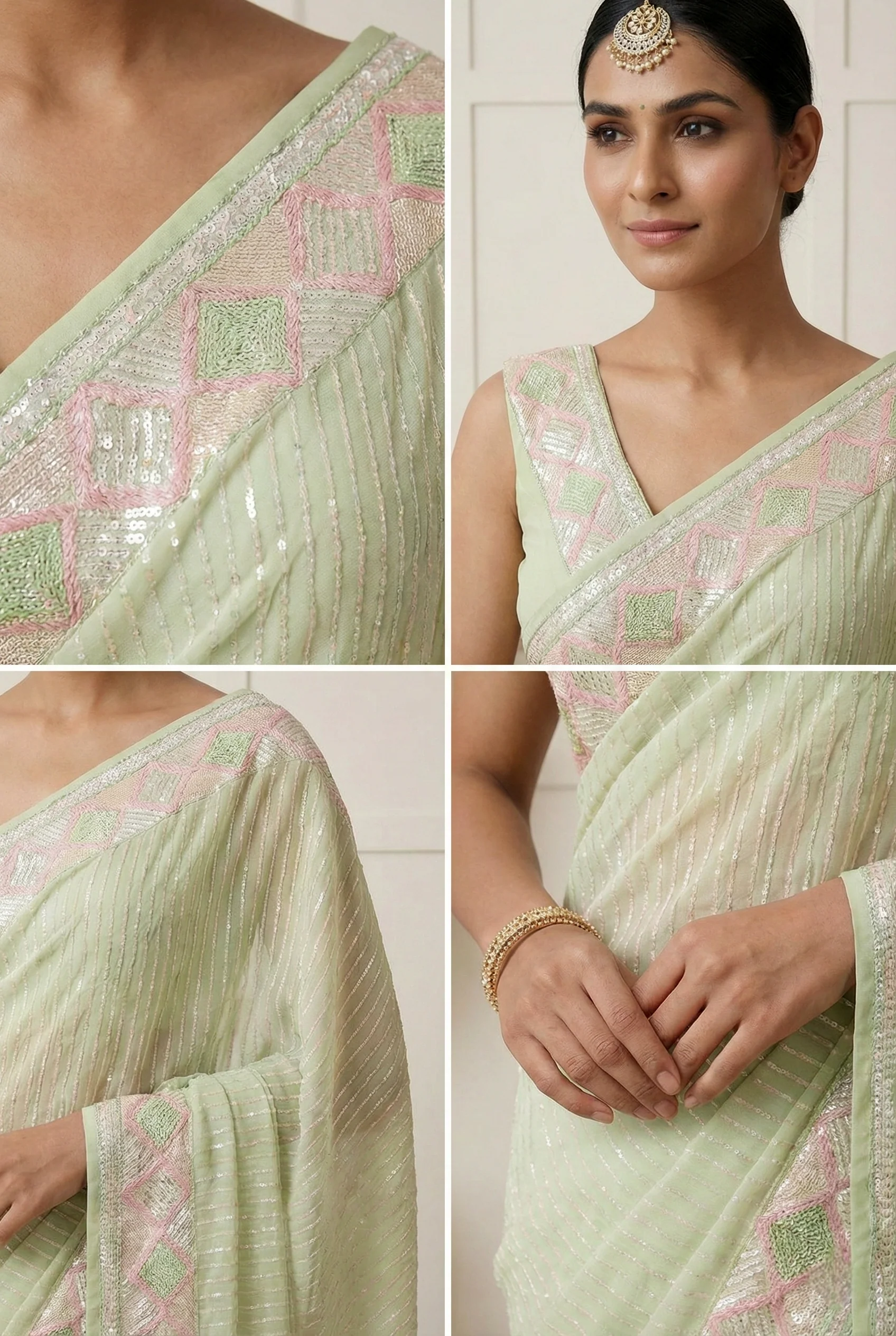 Pista Green Georgette Sequins Embroidery Saree - Image 3