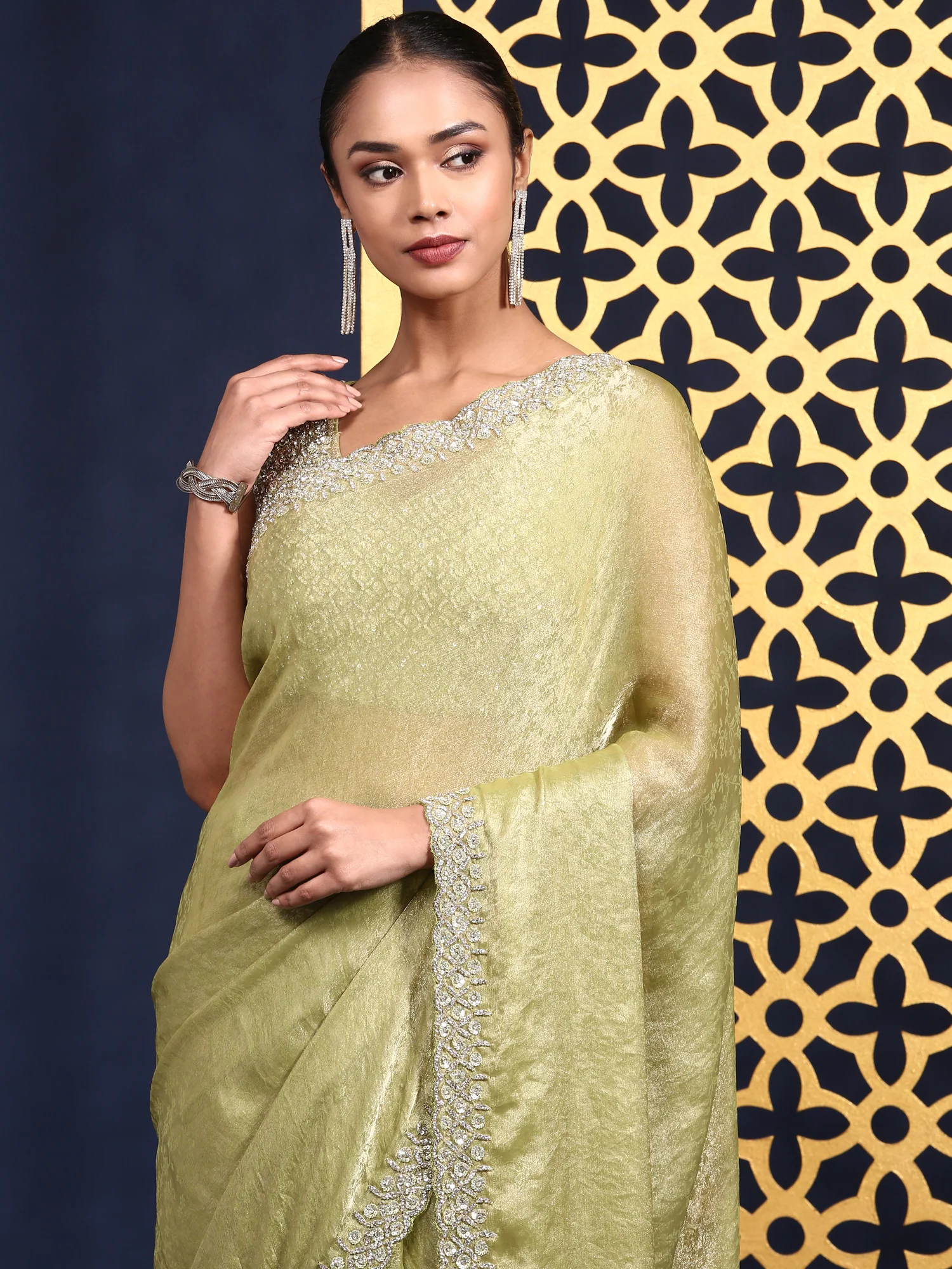 Pista Green Jacquard Embroidery Saree With Readymade Blouse - Image 2