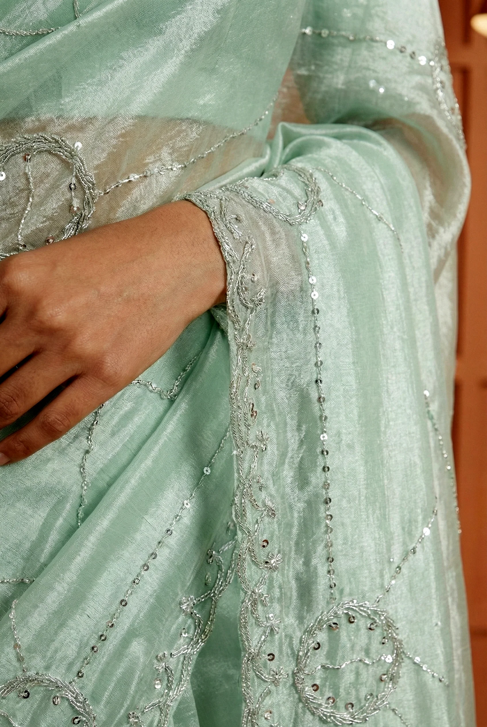 Pista Green Jimmy Choo Sequins And Beads Embroidery Saree - Image 2